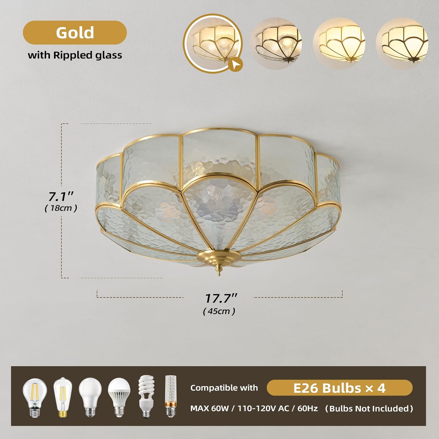 Brass Vintage Gold Ceiling Light - Large 17.7 Inch Hammered Glass Mid Century Flush Mount Lighting Fixtures - Art Deco Antique Modern Lamps for Hallway Bedroom Kitchen Entryway Laundry Foyer Bathroom