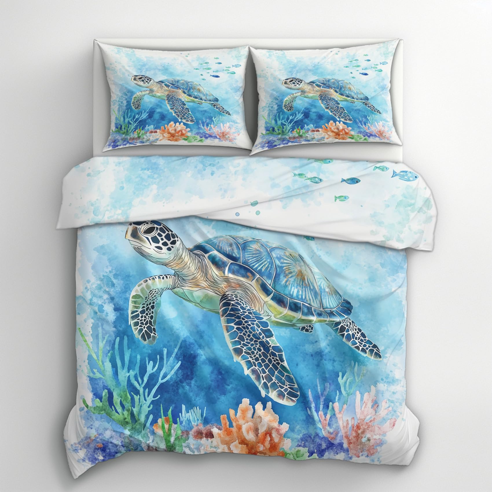 Housse couette tortue de mer parure lit double 220x240 microfibre bleu taie 65x65