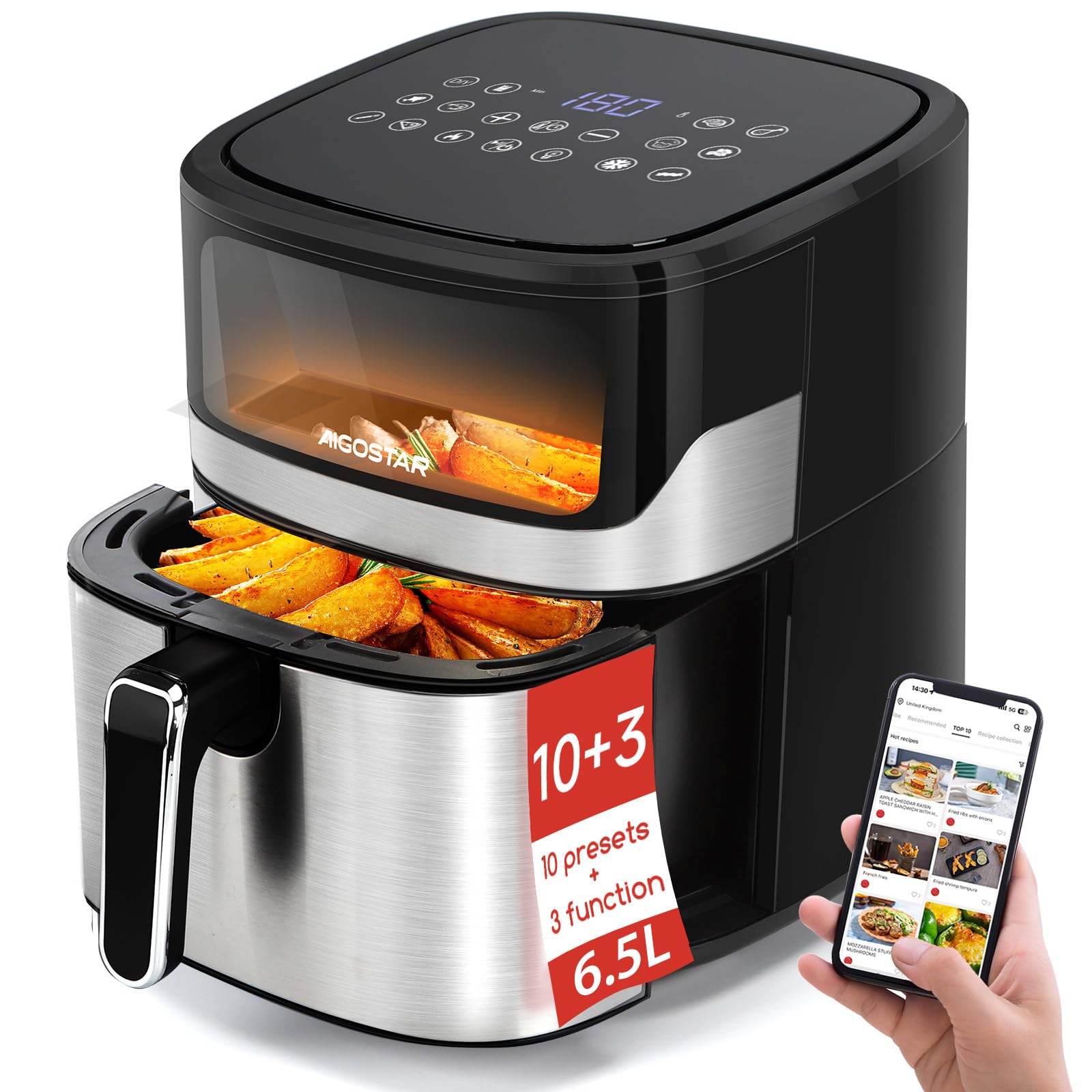 Aigostar Freidora de Aire 6.5L, Freidora sin Aceite con Ventana, 10 programas, Pantalla Digital Táctil, Precalentamiento Inteligente, Descongelación, DIY, La luz es controlable, Acero Inox. Balloon