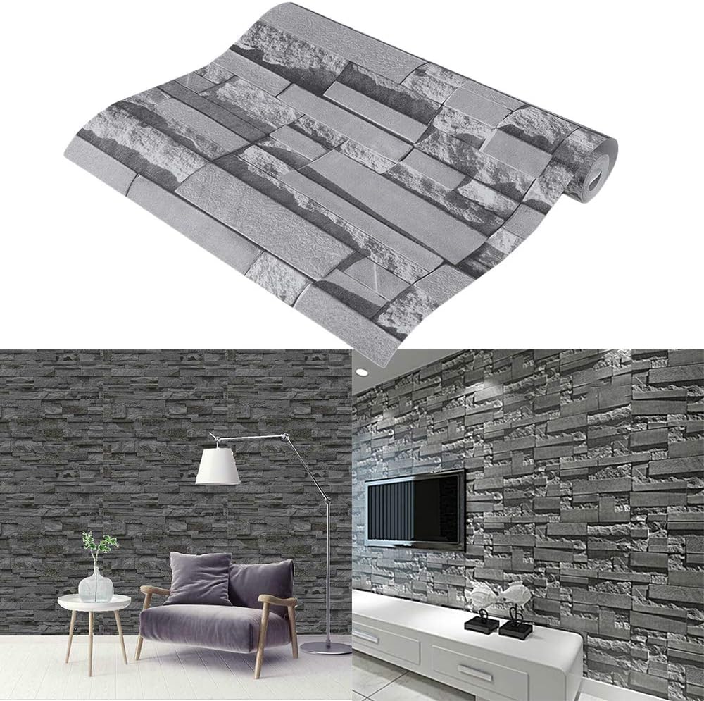 3D Slate Stone Brick Effect Wallpaper TV Living Room Bedroom Decor (Dark Grey)