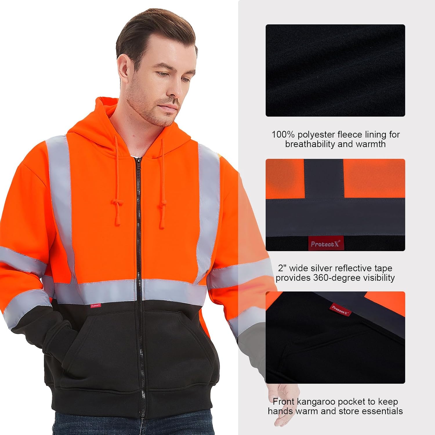 ProtectX Hi Vis Hoodie for Men Women High Visibility Safety Sweatshirt Reflective with Pockets for Construction Work Class 3 - Image 3