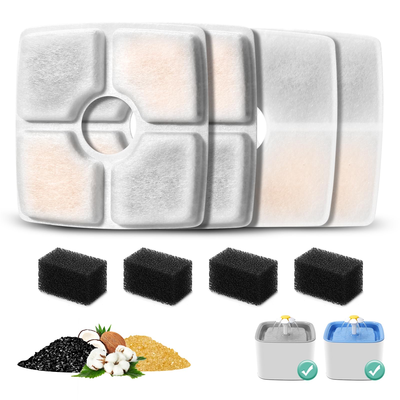 4 Pack Replacement Filters & Pre-Filter Sponges for 84oz/2.5L Automatic Pet Fountain, BFLICROY Cat Water Fountain Filter, Triple Filtration Pet