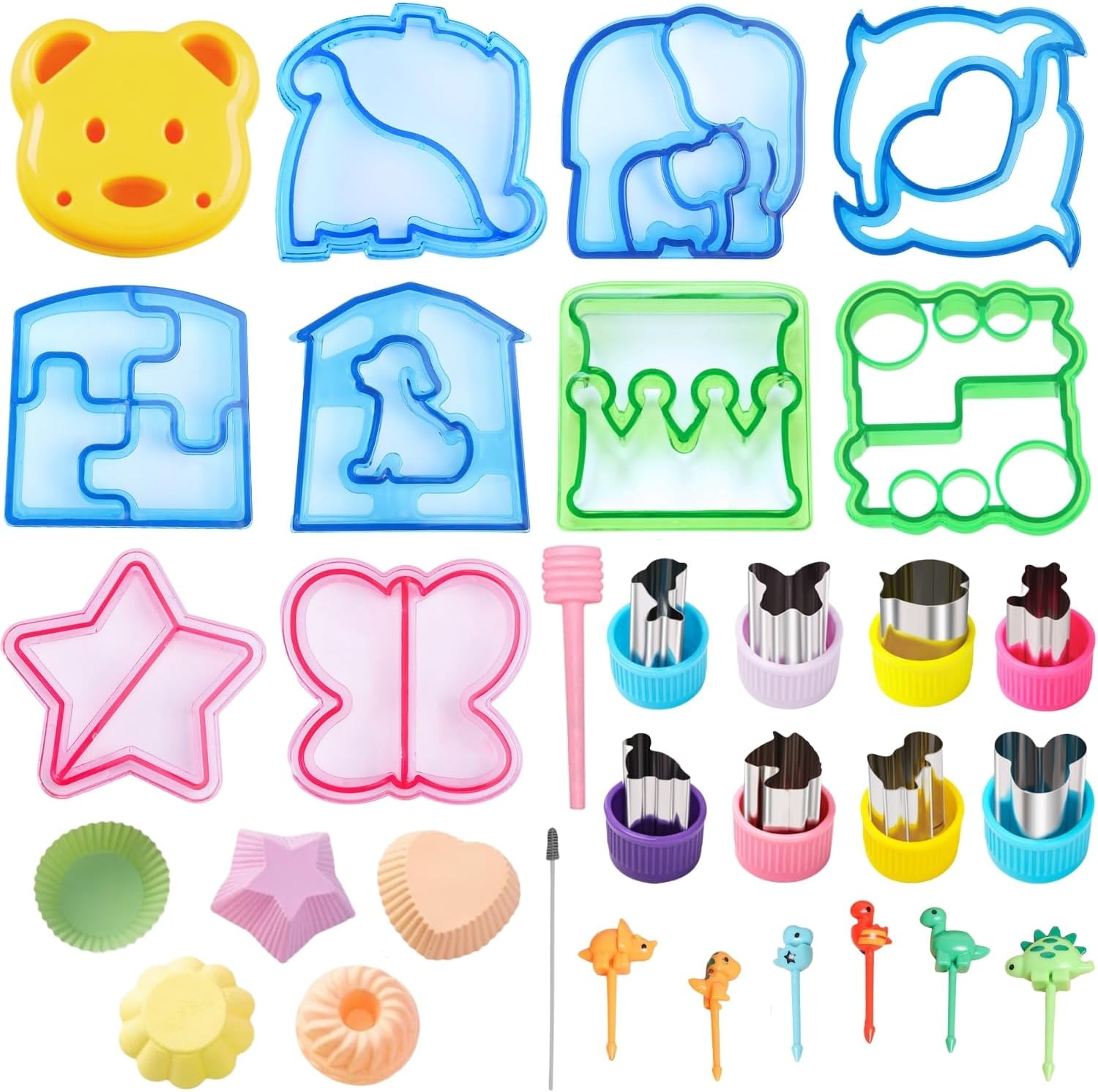 31 Pieces Silicone Cup Cake Liners Set - Animal Shapes: Dolphin Car Dinosaur Butterfly Star Bear Bear Stainless Steel Fruit Rails,