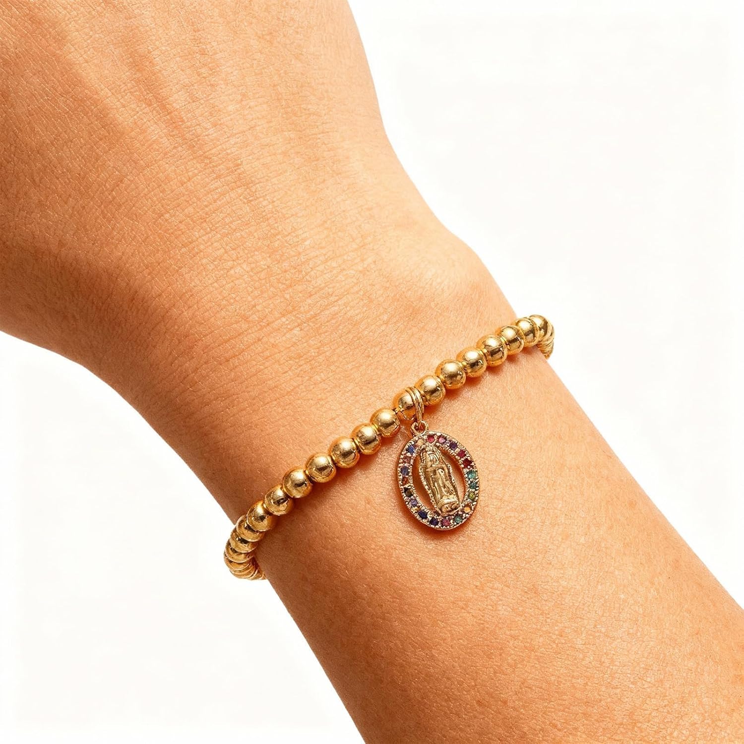 Gold Cross Bracelet for Women Men Virgin Mary Bracelet Gold Beaded Rhinestone Tennis Charm Religious Christian Blessing Gifts for Catholic Christian Dainty Jewelry Birthday Gifts - Image 2