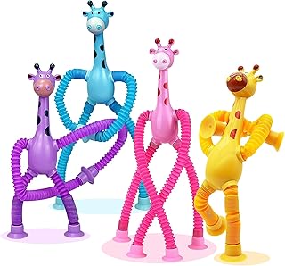 4 Pcs Pop Tubes Fidget Toy, Telescopic Suction Cup Pop Tube Giraffe Toys, Animals Sensory Fidget Toys for Toddlers, Autism Sensory Toys for Kids Party Favors Boys Girls Birthday Gifts