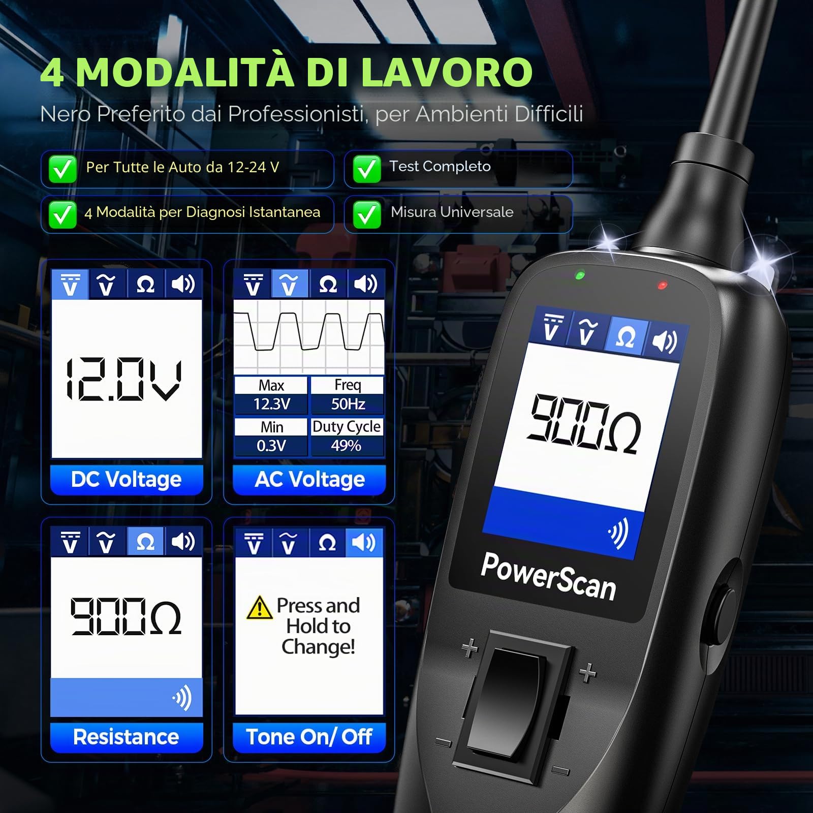 Autel® PowerScan PS100 Tester Circuiti Auto, PowerProbe 12-24V, Rilevatore Cortocircuiti, Rilevatore Cortocircuito, Multimetro Digitale Test Resistenza Relè & Diodi, Controllo Terra, Cavo 12M (Nero)