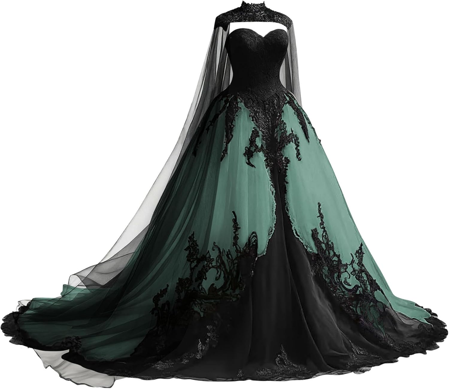 Mouccy Gothic Black Wedding Dresses with Cape A-line Lace Victorian Ball Gown Strapless Applique Bridal Dress for Women