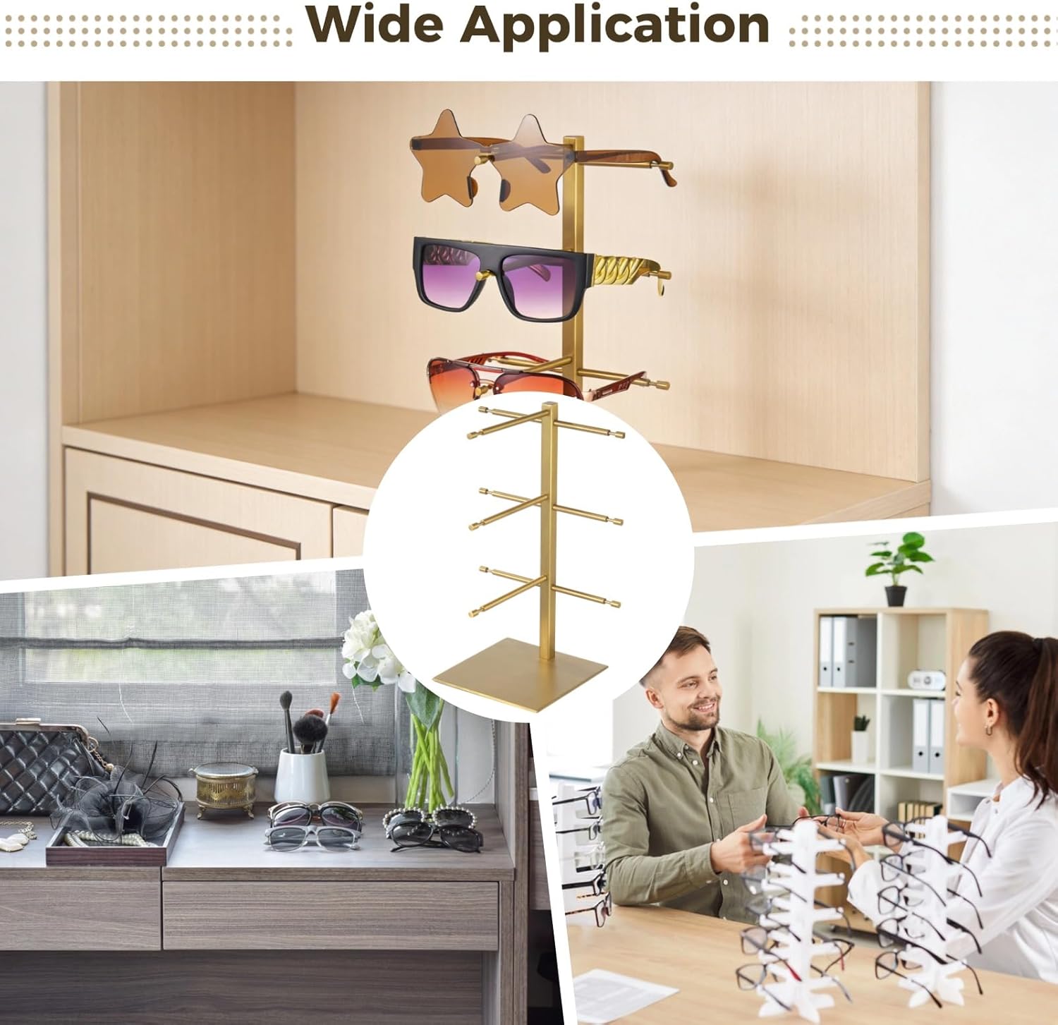 Homaisson 3-Tier Sunglass Display Stand, Stainless Steel Detachable Eyeglass Holder Organizer, Space-Saving Sunglass Storage Rack for Homes, Offices & Optical Shops (Gold)