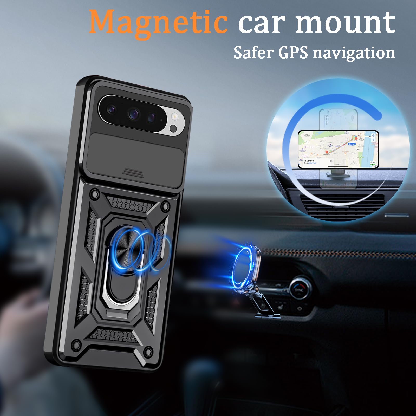 Cover Per Google Pixel 8, Slide Protezione Fotocamera, Armatura Cover Con 360 Gradi Girevole Anello Metallo Magnetica Supporto Silicone Antiurto Custodia Per Google Pixel 8, Nero - Foto 6