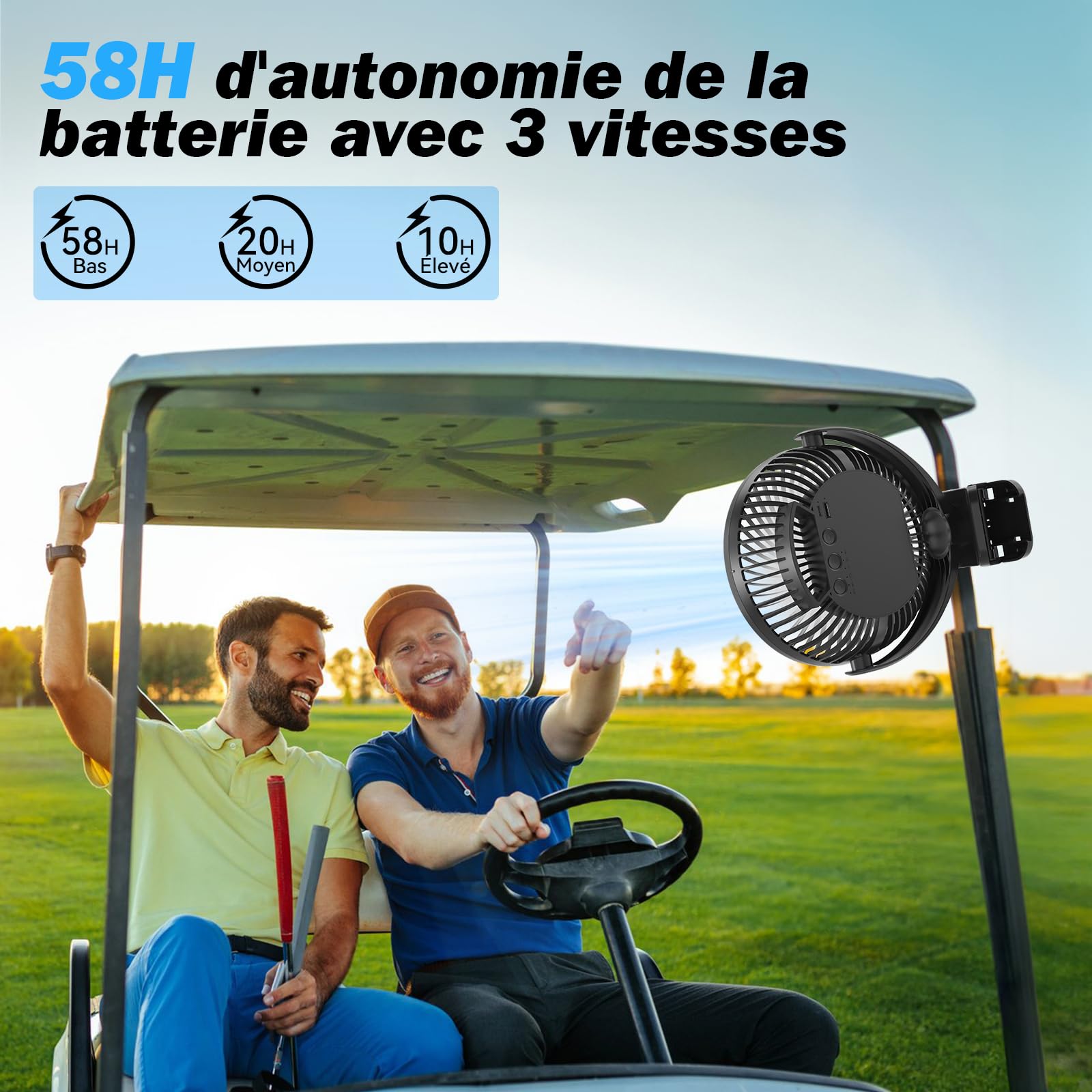 Ateroll Ventilateur de Bureau Pince 10 000 mAh Télécommande, 3 Vitesses, Batterie USB Minuterie & Lumières LED, Rotation à 360 ° Ventilateur Portable Silencieux Alimenté Piles pour Voiture, Camping