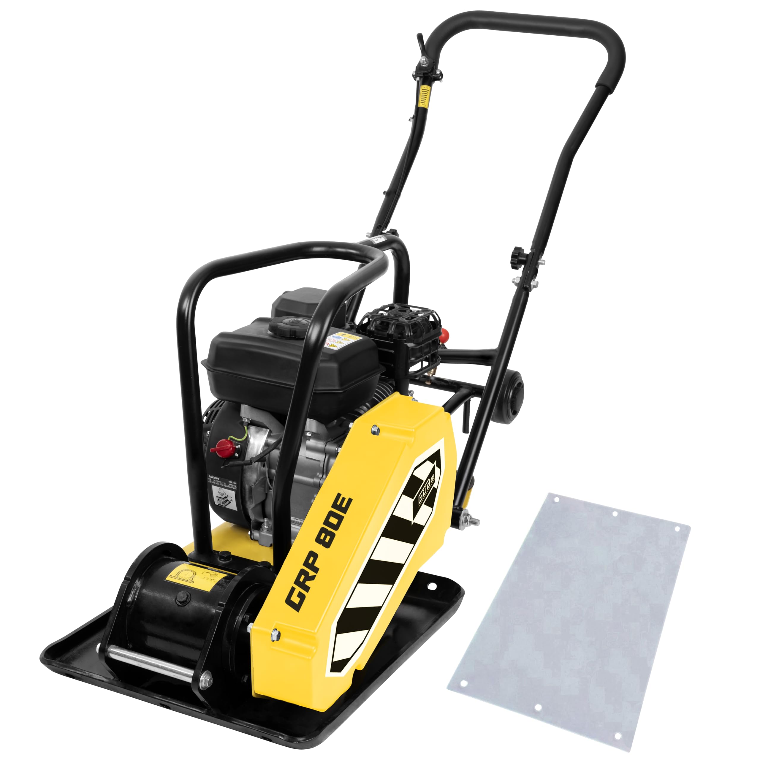 Güde GRP 80E Rüttelplatte - 4-Takt-Motor, 196 Kubikzentimeter Hubraum, 4,1 Kilowatt, 5,5 PS, 42 x 52 Zentimeter Arbeitsplatte, 14 kN Verdichtungsdruck, 20 m/min Vorlauf, Polyurethanmatte, Fahrwerk