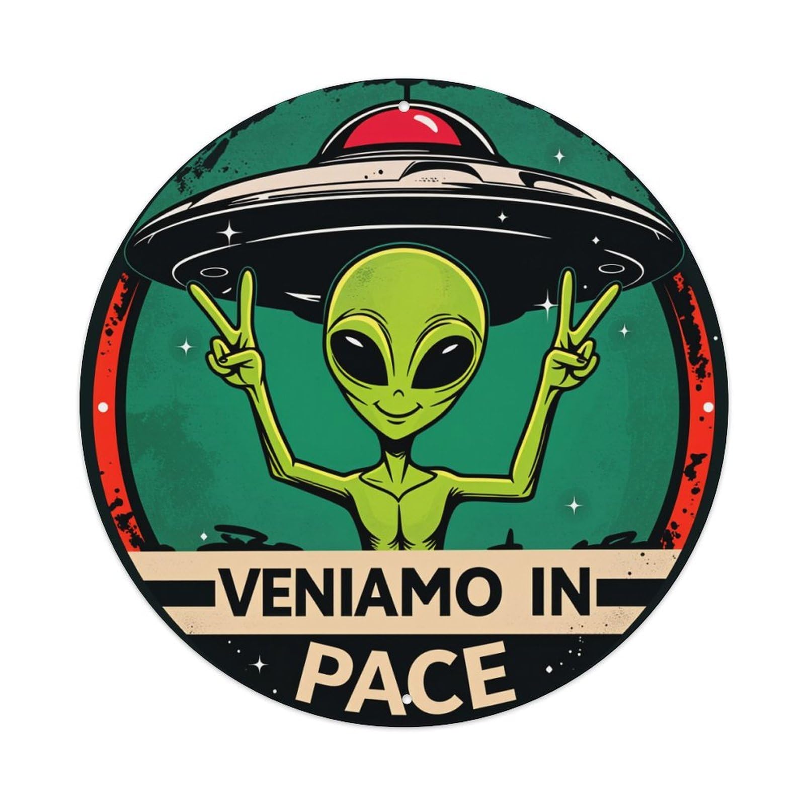Alien Ufo Peace Sign Green Round Tin Sign Vintage Style Metal Sign Home Bar Garden Wall Plaque Decor Metal Poster 8x8 Inch