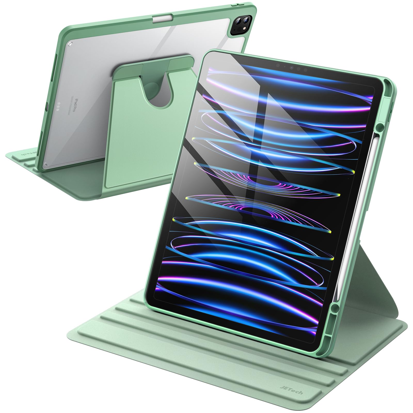 JETech Rotating Case for iPad Pro 12.9-Inch (2022/2021/2020/2018) with Pencil Holder, 360 Degree Rotation Protective Stand Cover Clear Back, Auto Wake/Sleep (Matcha Green)