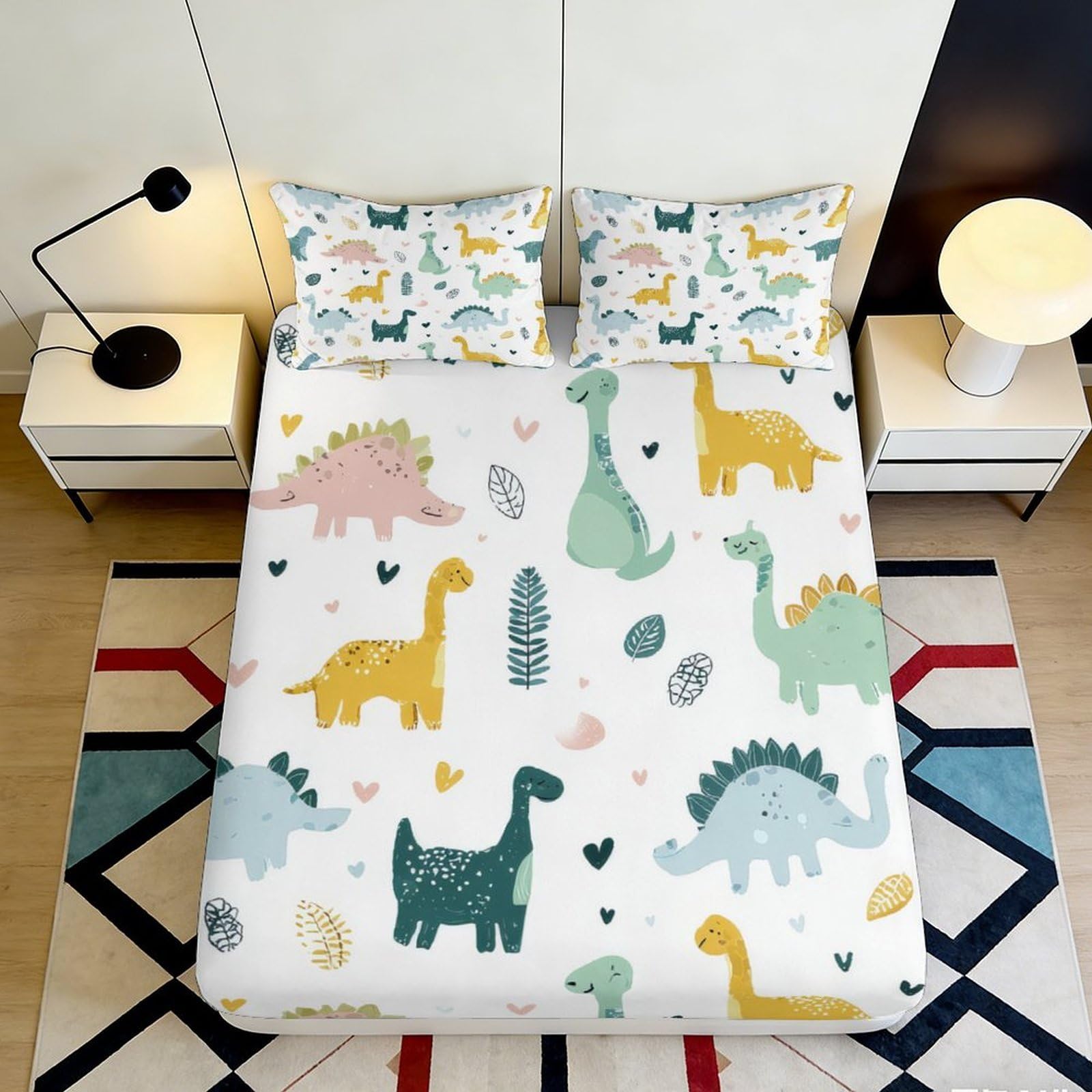 3D Printed Dinosaur Pattern Fitted Sheet Microfiber Soft Breathable Cute Dinosaur Bed Cover for Bedroom Dormitory Guest Room Mattress Protection 140x200x25cm