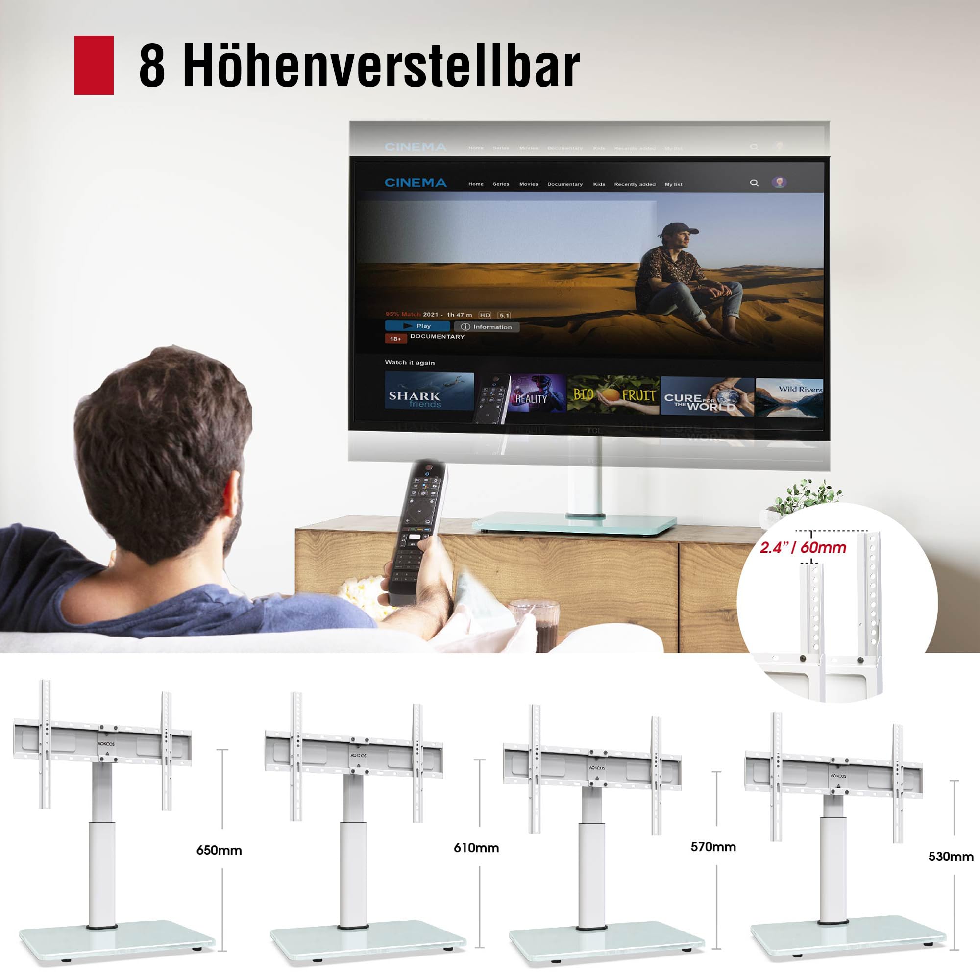 AOKCOS TV Standfuss TV Ständer Höhe 900mm für 32-55 65 75 Zoll Fernseher, Neigbar Schwenkbar Höhenverstellbar Fernsehständer, Universal TV Standfüße Standfuss Max VESA 600x400mm 45KG (Weiß)