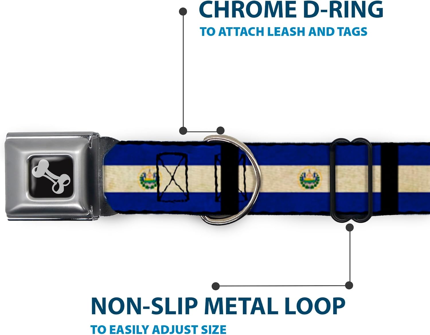 Dog Collar Seatbelt Buckle El Salvador Flag Black 18 to 32 Inches 1.5 Inch Wide