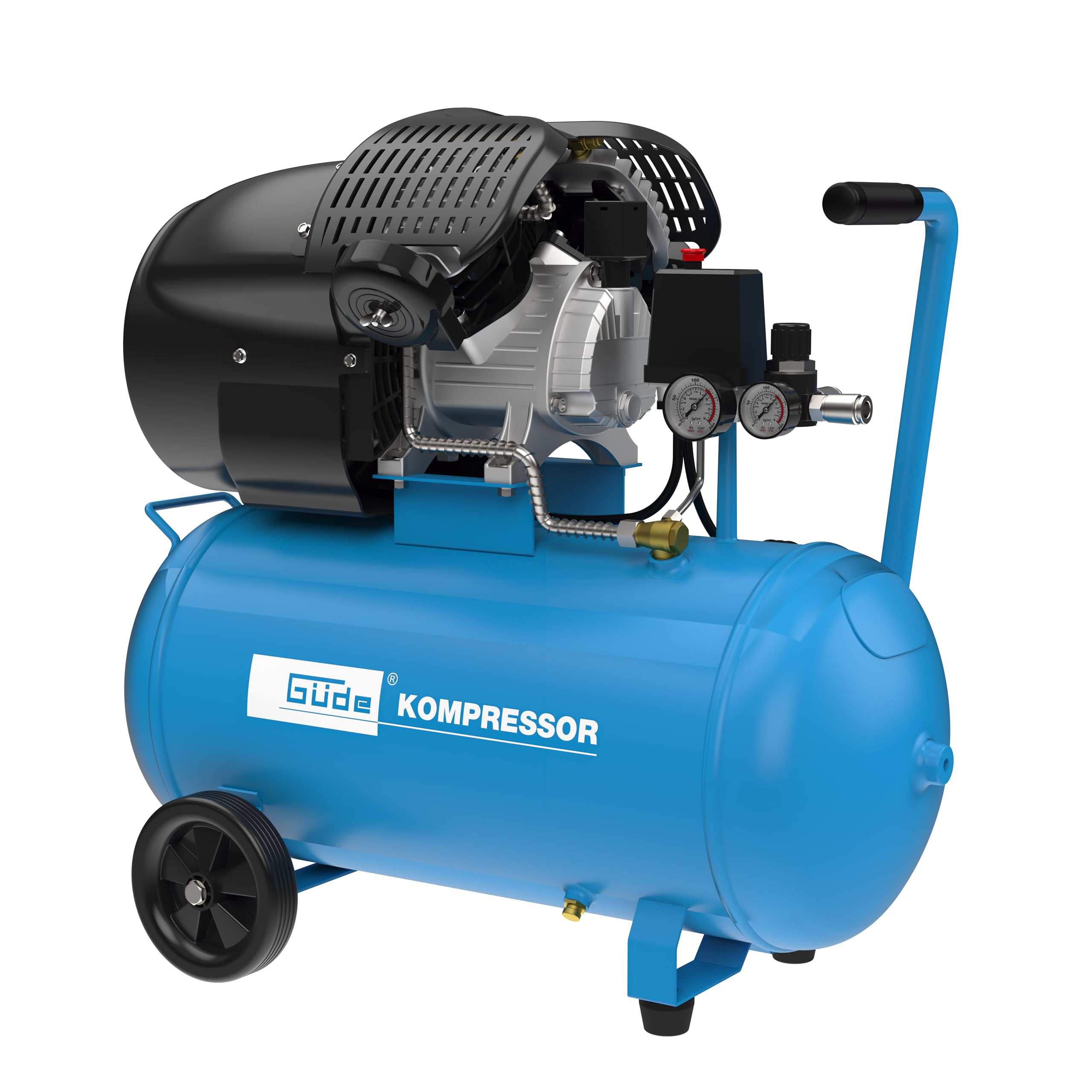 Güde Compresor 405/10/50 – 230 V, caldera de 50 litros, 2,2 kilovatios, presión máxima 10 bar, eff. Cantidad de entrega a 0 bar, 250 l/min, 2 cilindros V agregado lubricado con aceite, 2 manómetros, 2