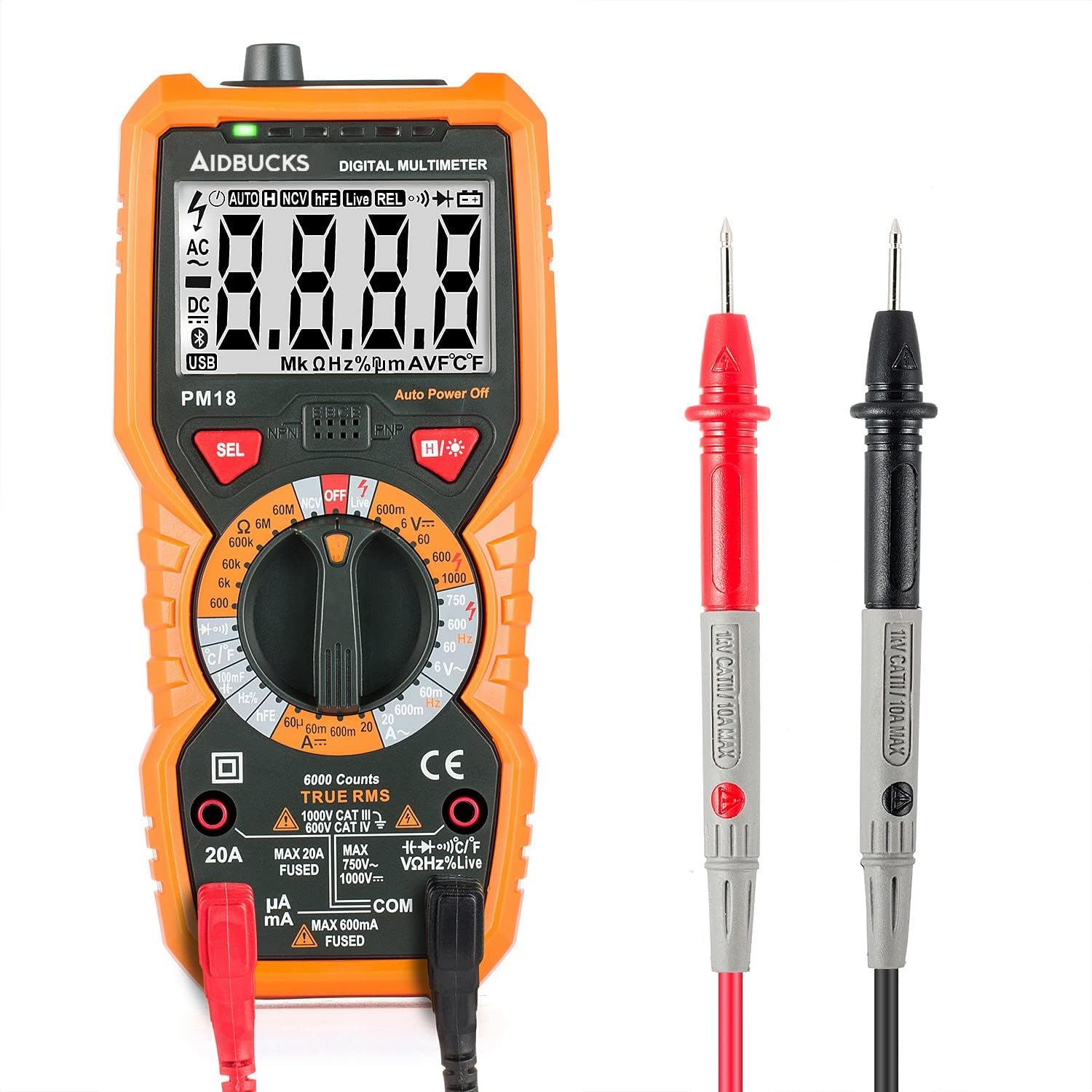Multimeter Janisa PM18 Digital AC DC Voltage Current Resistance Tester True RMS 6000 Counts Non Contact Voltage Test Electrical Amp Ohm Volt Multi Tester Voltmeter Ammeter Ohmmeter with LCD Backlit for Electrical Appliance , Vehicle and Power Line Inspection & Repair