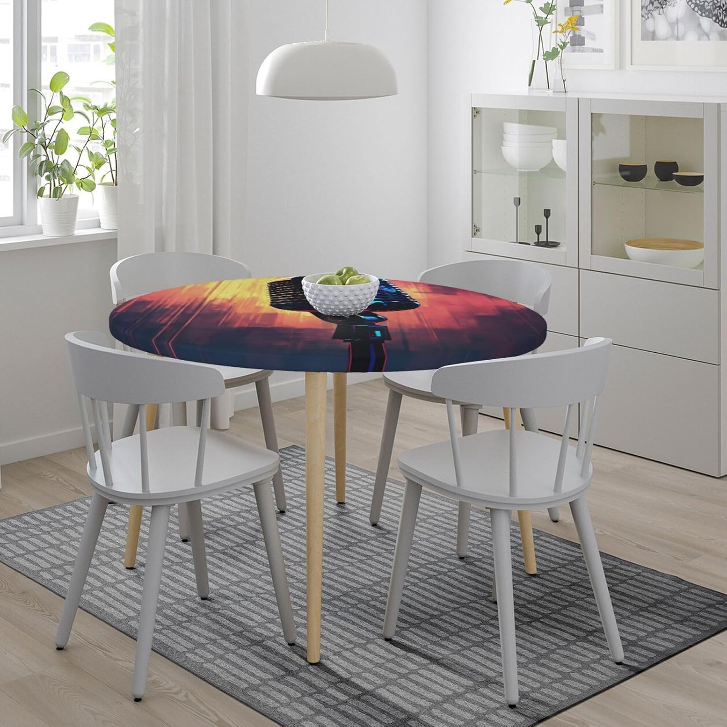 Microphone with Music Note Print Outdoor Patio Kitchen Decor Supplies Wipeable Round Table Cloth for Indoor Outdoor