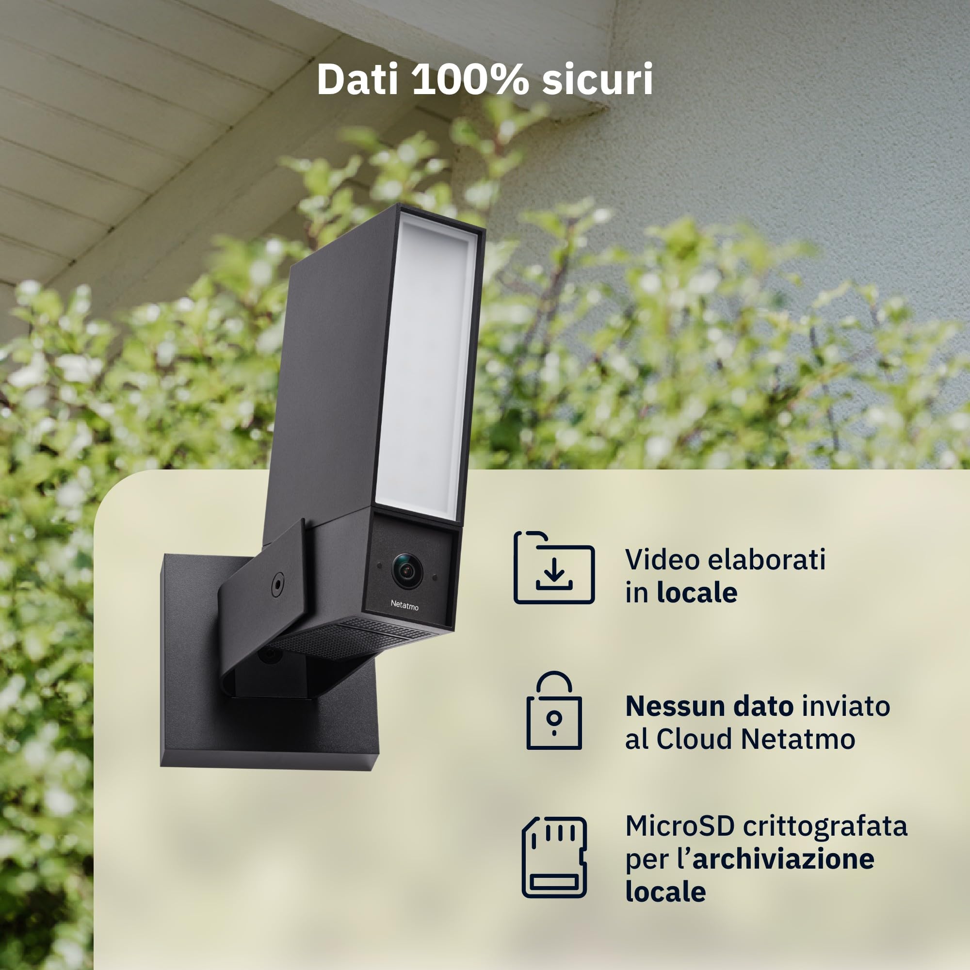 Netatmo Videocamera di Sorveglianza Esterna, WiFi 5 GHz, 2SD, 2K HDR, Rilevamento intelligente di persone/Veicoli e animali/proiettore LED 12 W, Sirena 105 dB, Archiviazione locale, NOC2-B-AMZ