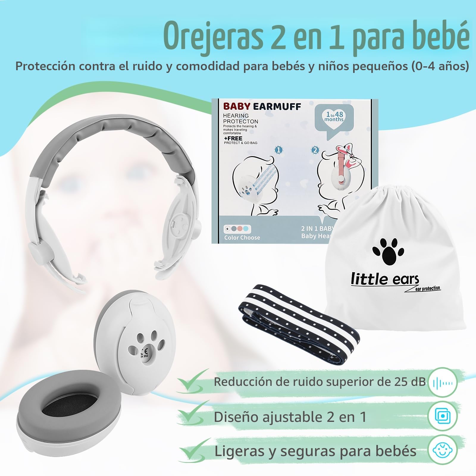 Cascos Bebe Antiruido Protectores Auditivos para Bebé 2-en-1 (0-4 años),Reducción de Ruido de 25dB, Banda Ajustable y Carcasa ABS Ligera