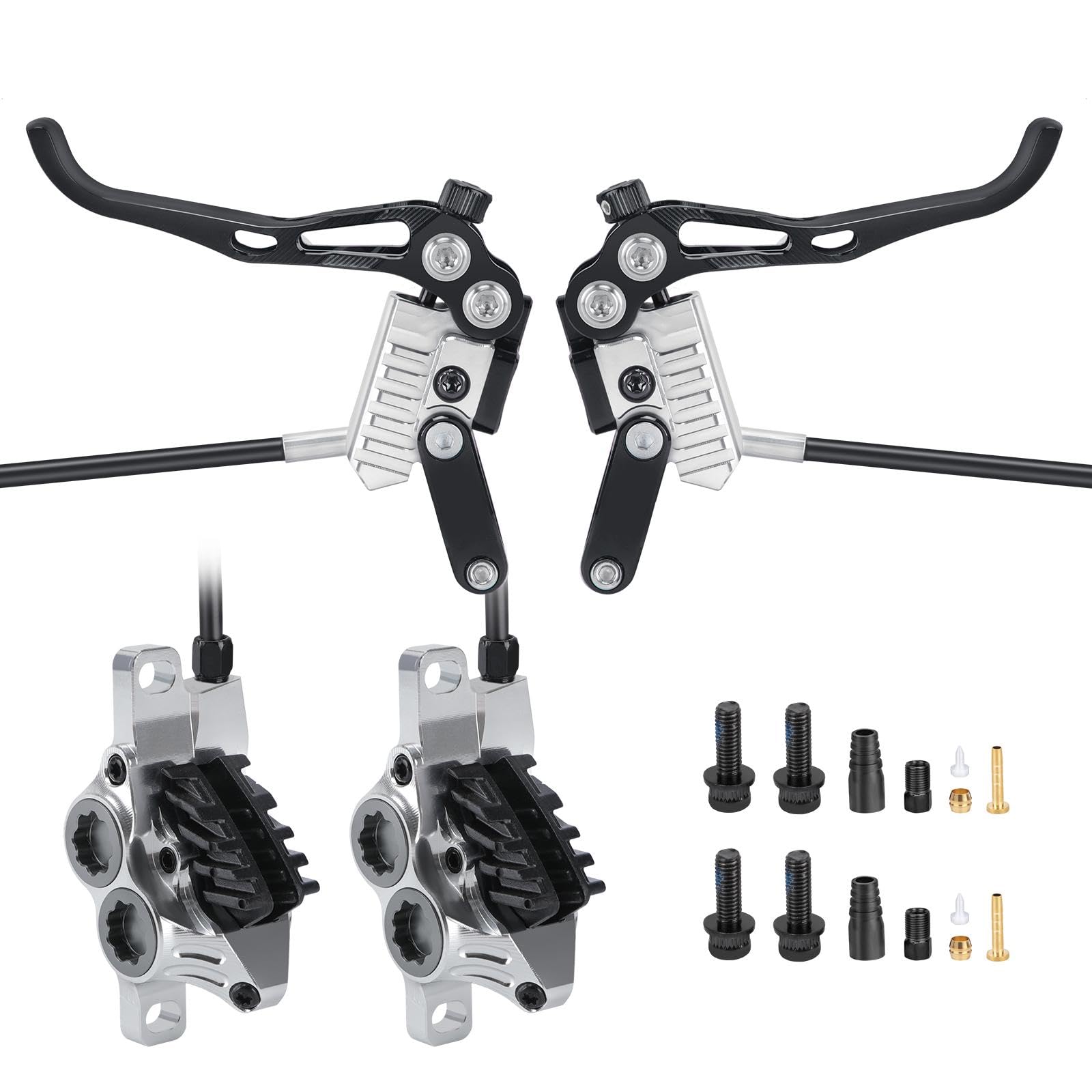 MEROCA IIIPRO E4 Hydraulic Disc Brake Set - 4-Piston MTB Brakes, 641N Braking Force, TUV Certified, Lightweight 475g, for Mountain/E-Bike/Folding Bicycles (Silver, Front/Rear Split)