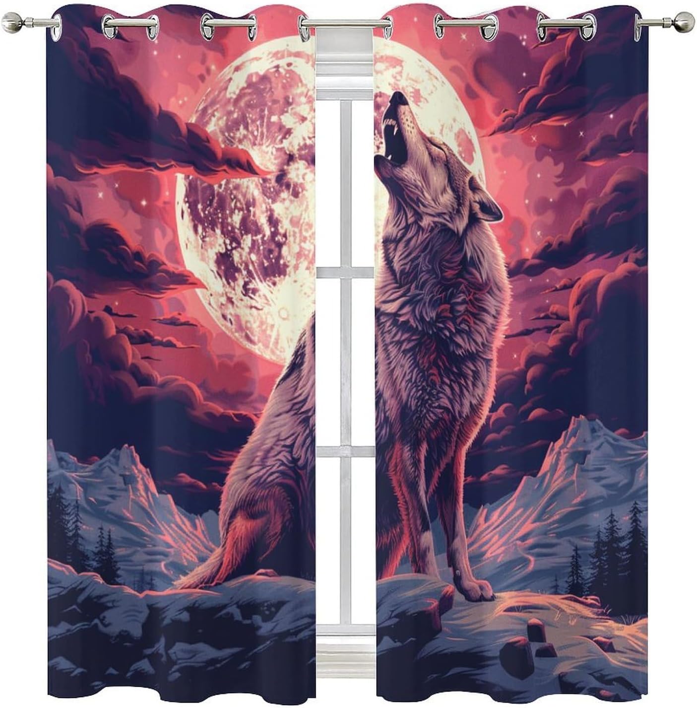 Fantasy Star Moon Wolf Blackout Curtains for Bedroom/Living Room, Night Starry Sky Animal Grommet Curtains Thermal Insulated Window Drapes, 2 Panels, Each 31.5W x 63L