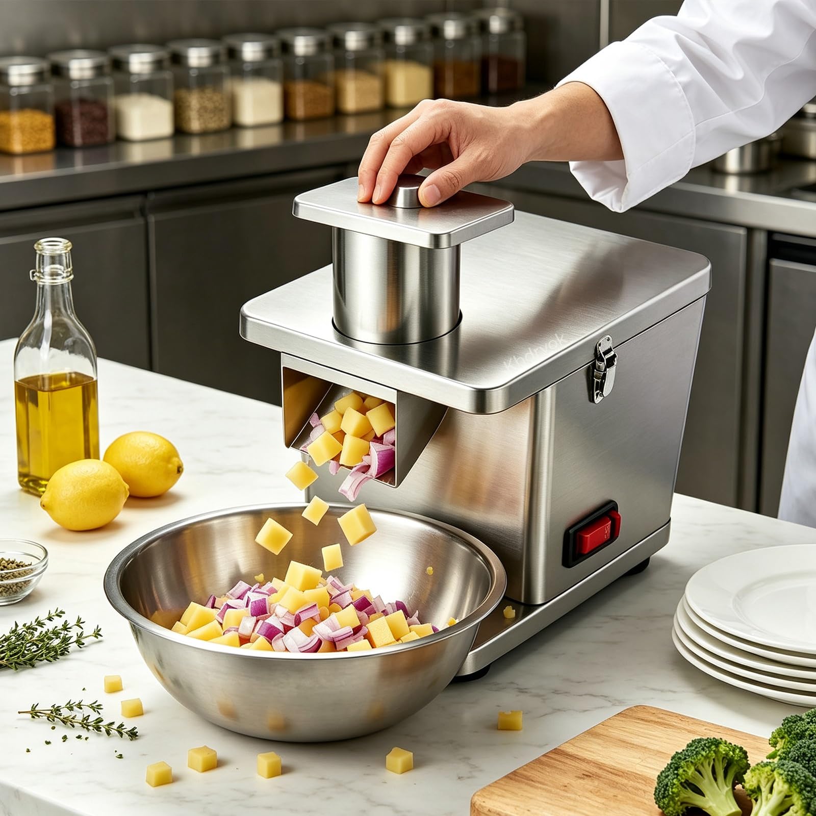 Elektrischer Gemüsezerkleinerer, 200 W, mit Schneiden, Raspeln und Würfeln. | Küchenmaschine, schneidet Zwiebeln, Kartoffeln, Karotten, bereitet Salate zu, ideal for private und gewerbliche Küchen.