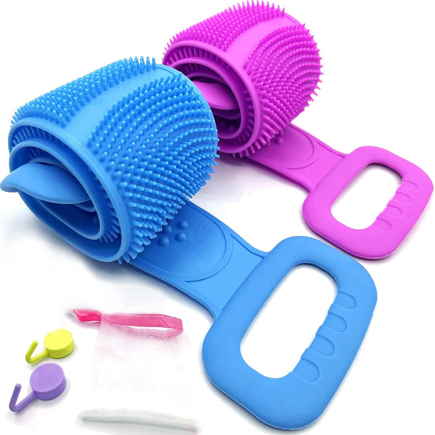 2 Pack Sofine Silicone Bath Cleaner, Massage Beads and Soft Bristles, Back Brush, Back Body Brush, Extended Back Wash Exfoliator, Back Fiber Sponge, Exfoliated Cleaner, Lotion Applicator, Extra Long
