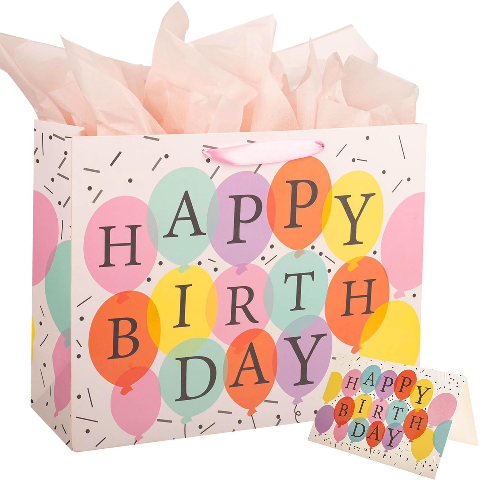 Large Birthday Gift Bag, Multicolor Gift bags for Presents, Medium Gifts Bag with 3 Tissue Paper and 1 Greeting Card for Men Women's Birthday Supplies, Presents Bags with Handles for Kids Adults