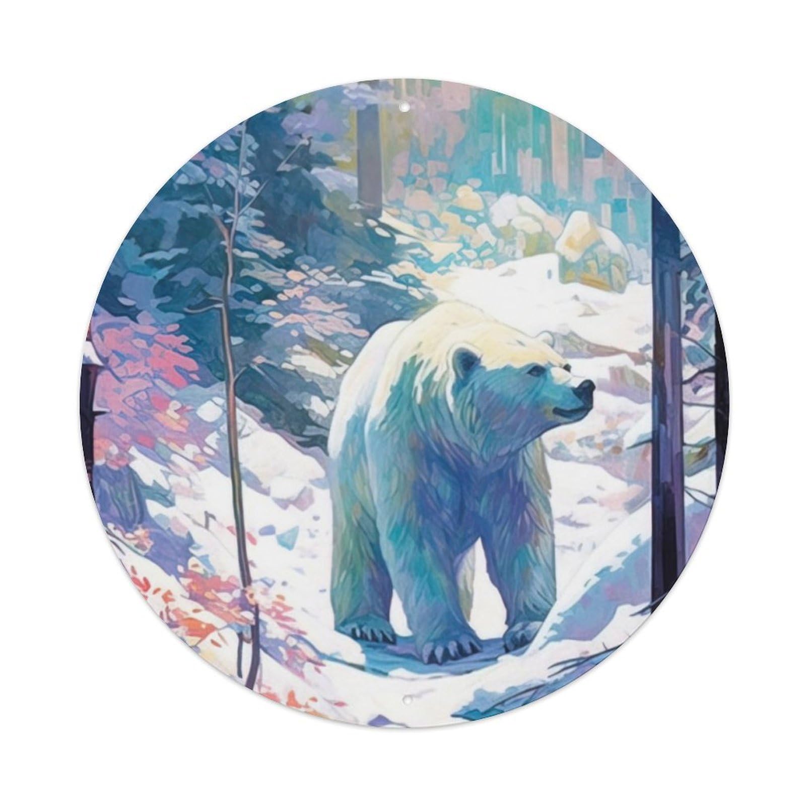 Animal Art Polar Bear in The Snow Vintage Metal Tin Sign Plaque Wall Decor for Cafe, Club, Garden Round Metal Poster 8x8Inch