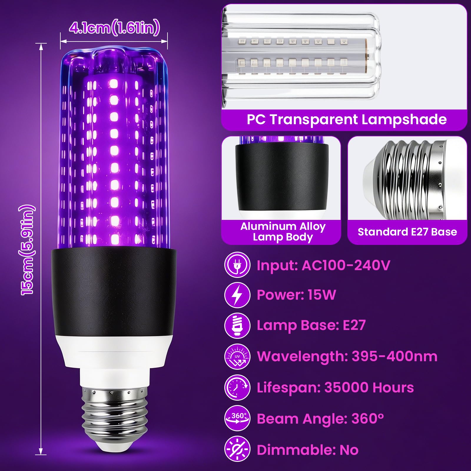 2 Stück UV Schwarzlicht Glühbirne, E27 UV Birne 15W Black Light Bulb, 395-400 nm UVA Level Schwarzlichtlampe, UV Beleuchtung für Party, Keller, Disco, Club -Schwarz
