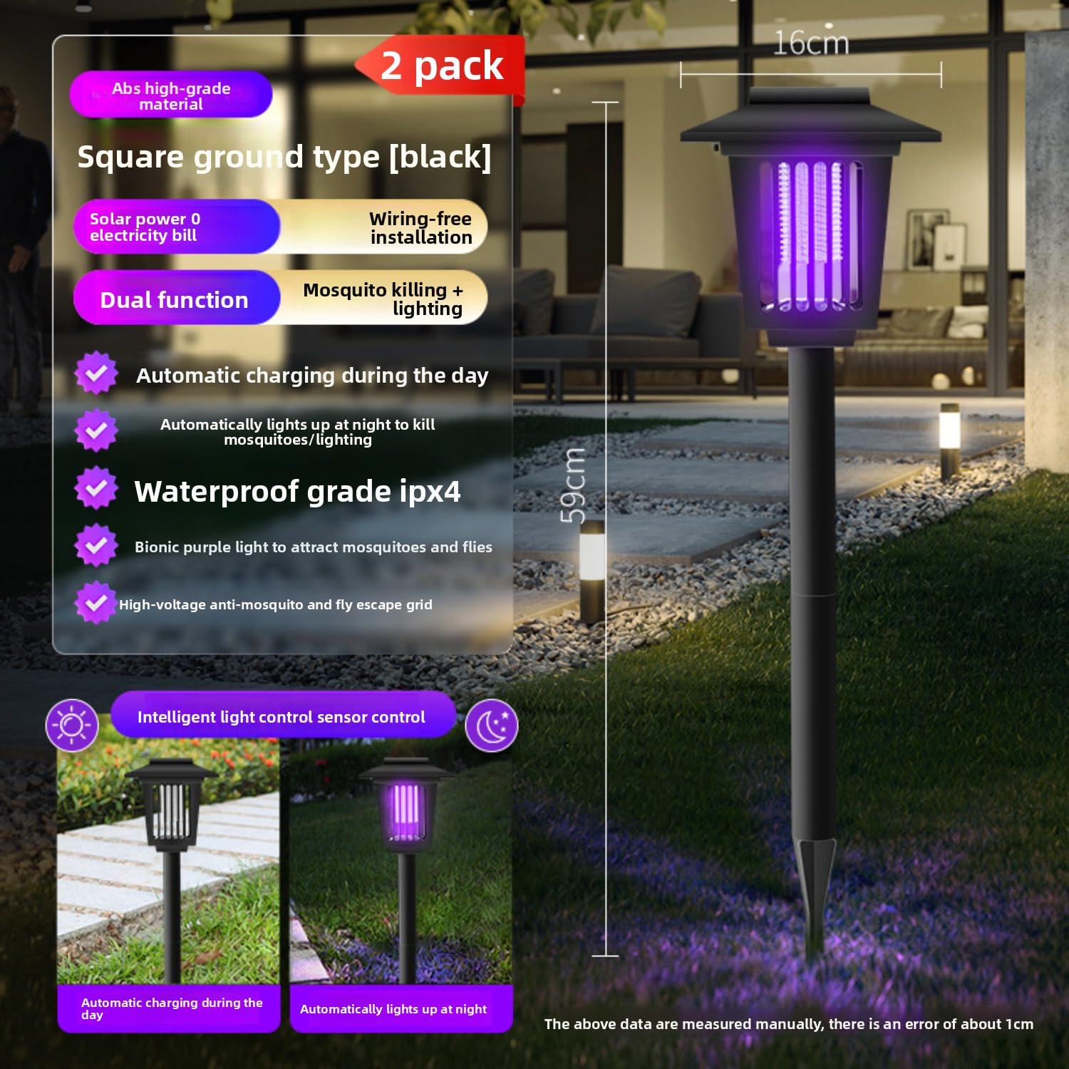 Confezione da 1/2/4 lampade solari antizanzare, copertura UV con pannello solare, IPX6, impermeabile, per esterni, patio, giardino, prato, durata di 8-12 ore (colore nero, confezione da 2)