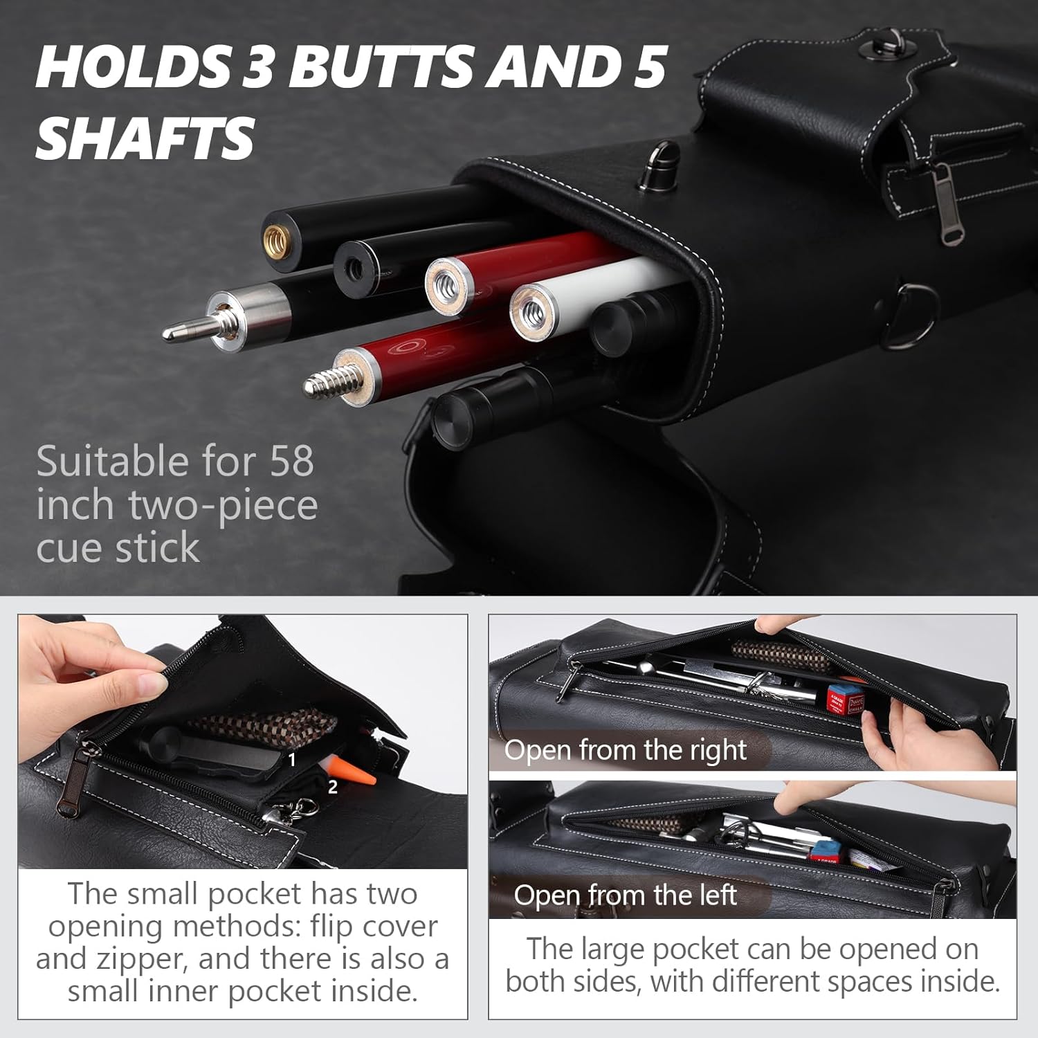 Hard 3x5 Pool Cue Case, 8 Hole Pool Cue Stick Case Billiard Cue Case, Holds Up to 3 Butts and 5 Shafts, Topstitching Design