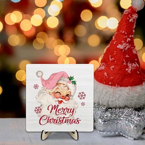 Miniatura 3 de Letrero de placa de madera con texto en inglés "Merry Christmas", letrero de madera para decoración de escritorio de oficina en casa, 5.9 x 5.9