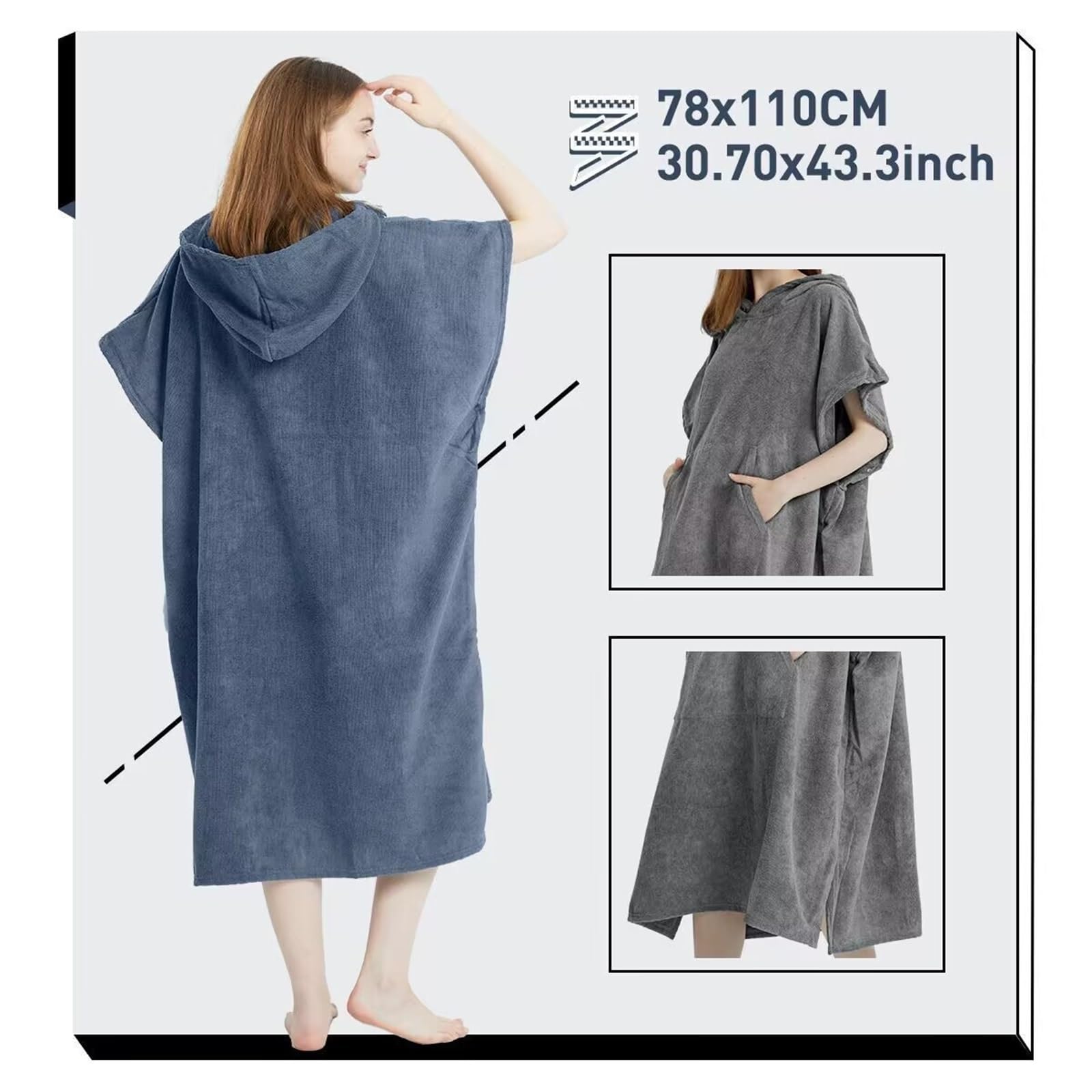 Poncho da spiaggia con asciugamano, ad asciugatura rapida, cappuccio, accappatoio, bagno, poncho for adulti per Spiaggia e Sport Acquatici(Black)