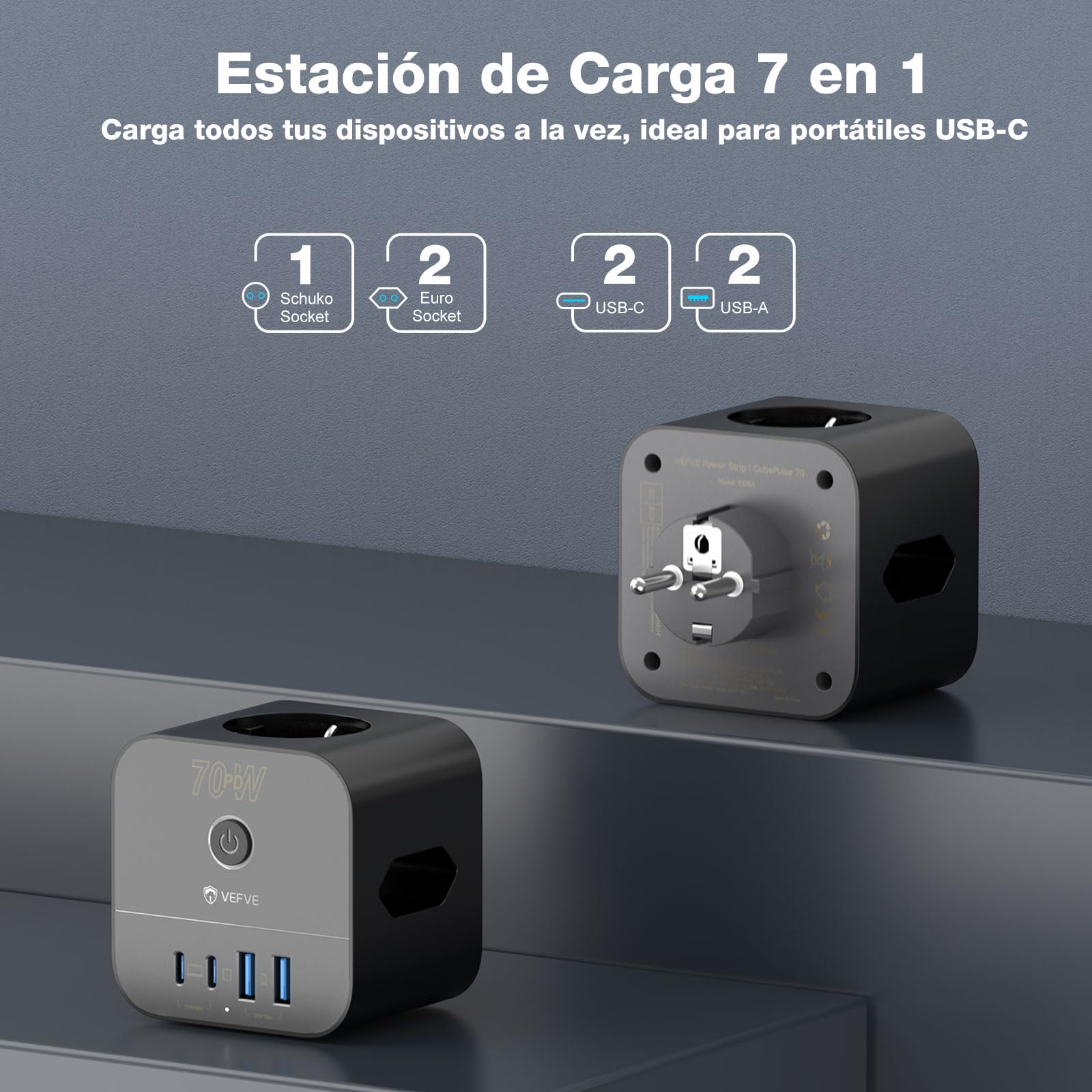 VEFVE Ladrón Enchufes Pared 70W GAN, Cubo Enchufe Múltiple 7 en 1 Sin Cable con Interruptor, Cargador Rápido USB C para iPhone 17, MacBook, Galaxy, Negro