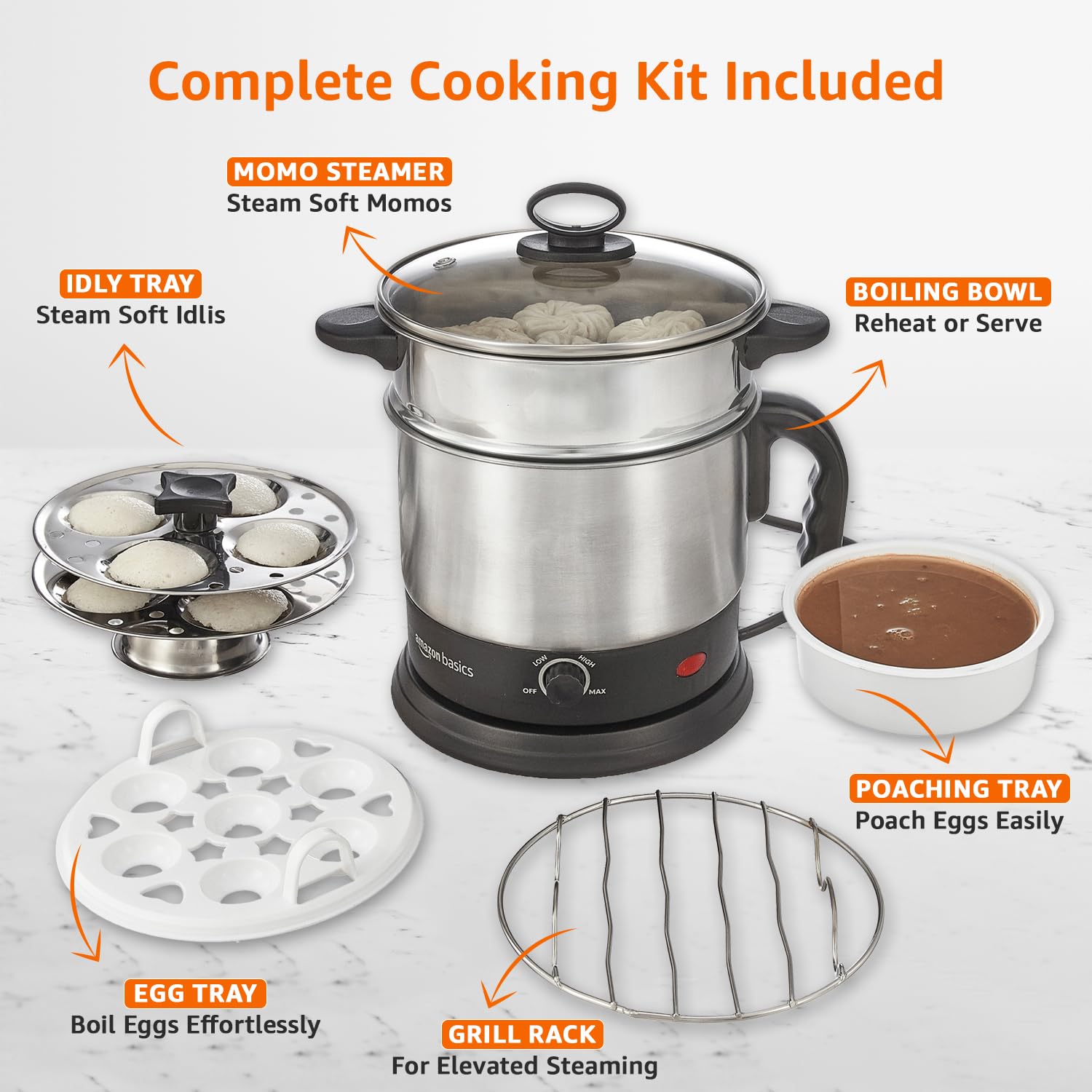 Amazon Basics Multi-Kettle Steamer 1.2L | Adjustable Power Modes 600 W | 7 - Egg Tray, Idli Tray, Iron Grill And Steamer | SS 201 Steel | Automatic Overheat Protection | Multipurpose Kettle 3