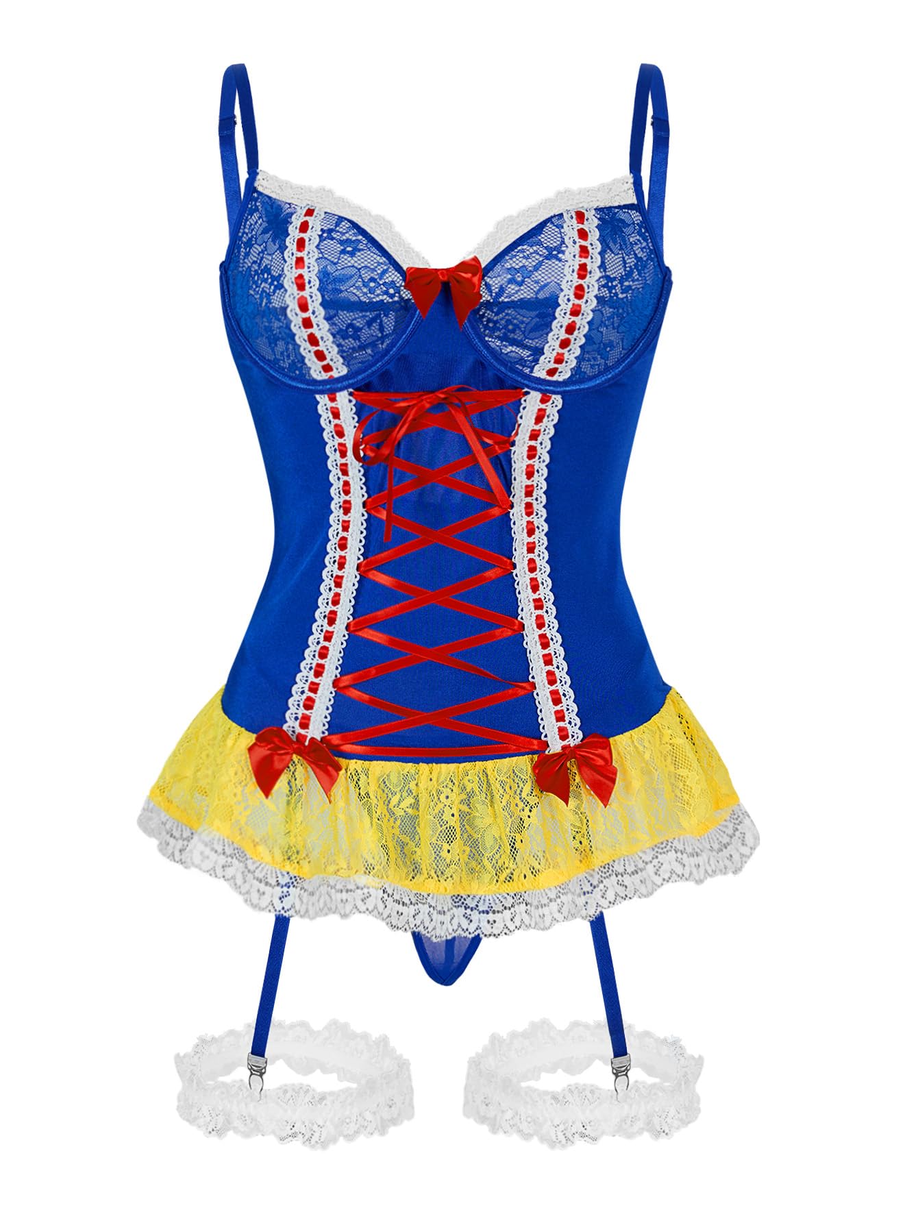 GXNRHG Corsé de Malla Sexy con Volantes y Encaje con Aros, Liguero Transparente, picardías, Conjunto de lencería con Tanga, 3 Piezas