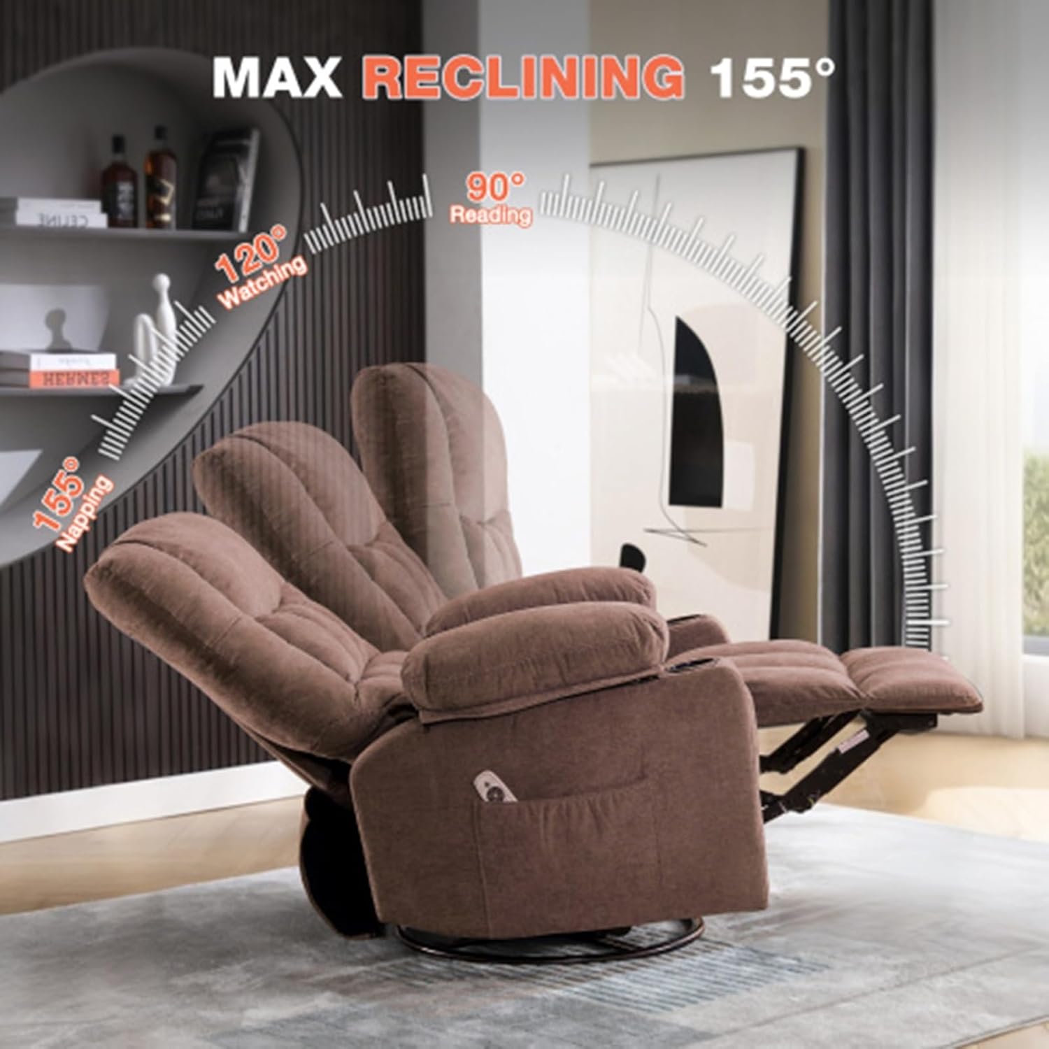 Easy to Operate Swivel Recliner with Heat & Massage, 360° Swivel Glider, Simple Control Reclining Chair with USB & Side Pockets for Seniors & Adults