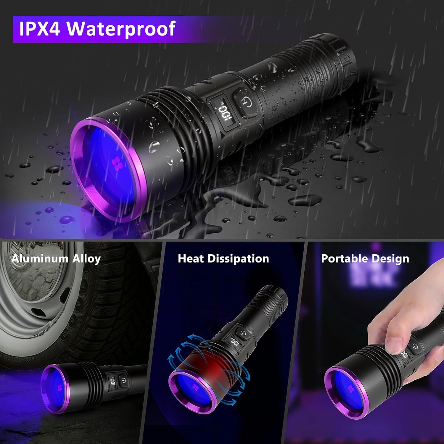 WINDFIRE 365nm UV Flashlight Rechargeable, Black Light Flashlights Powerful, Ultraviolet Blacklight for Pet Urine Detection, Rocks, Scorpions, Resin Curing, Blood Tracking