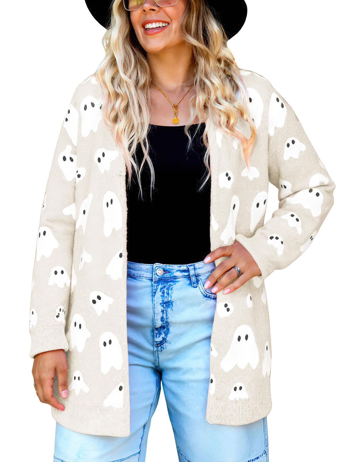 ebossy Womens Fall Fashion Ghost Print Open Front Long Cardigan Casual Furry Knit Long Sleeve Sweaters 2025 Winter