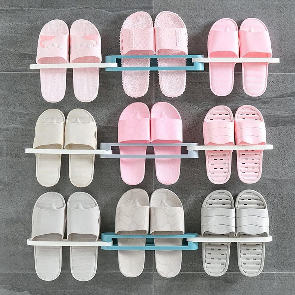 BESTOTTAM Wall Mounted Folding Slippers Rack, Plastic Shoe Holder Organizer, Space Saving Bathroom Storage Shelf, Blue and White 3