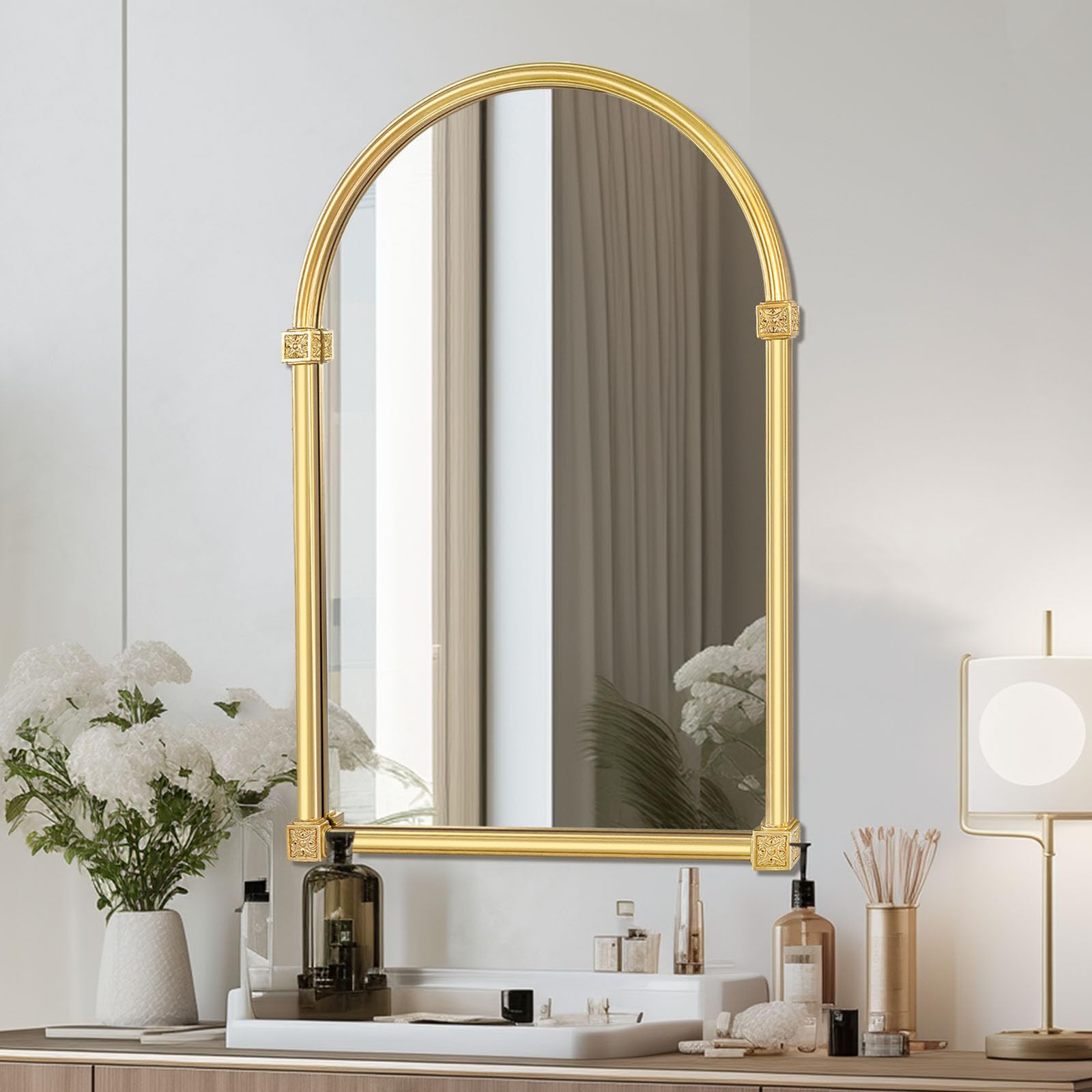 Fitous Gold Arch Wall Mirror - 24" x 36" Vintage Arched Vanity Mirrors for Bathroom Over Sink, Large Hanging Mantle Mirror w/Metal Frame for Bedroom,