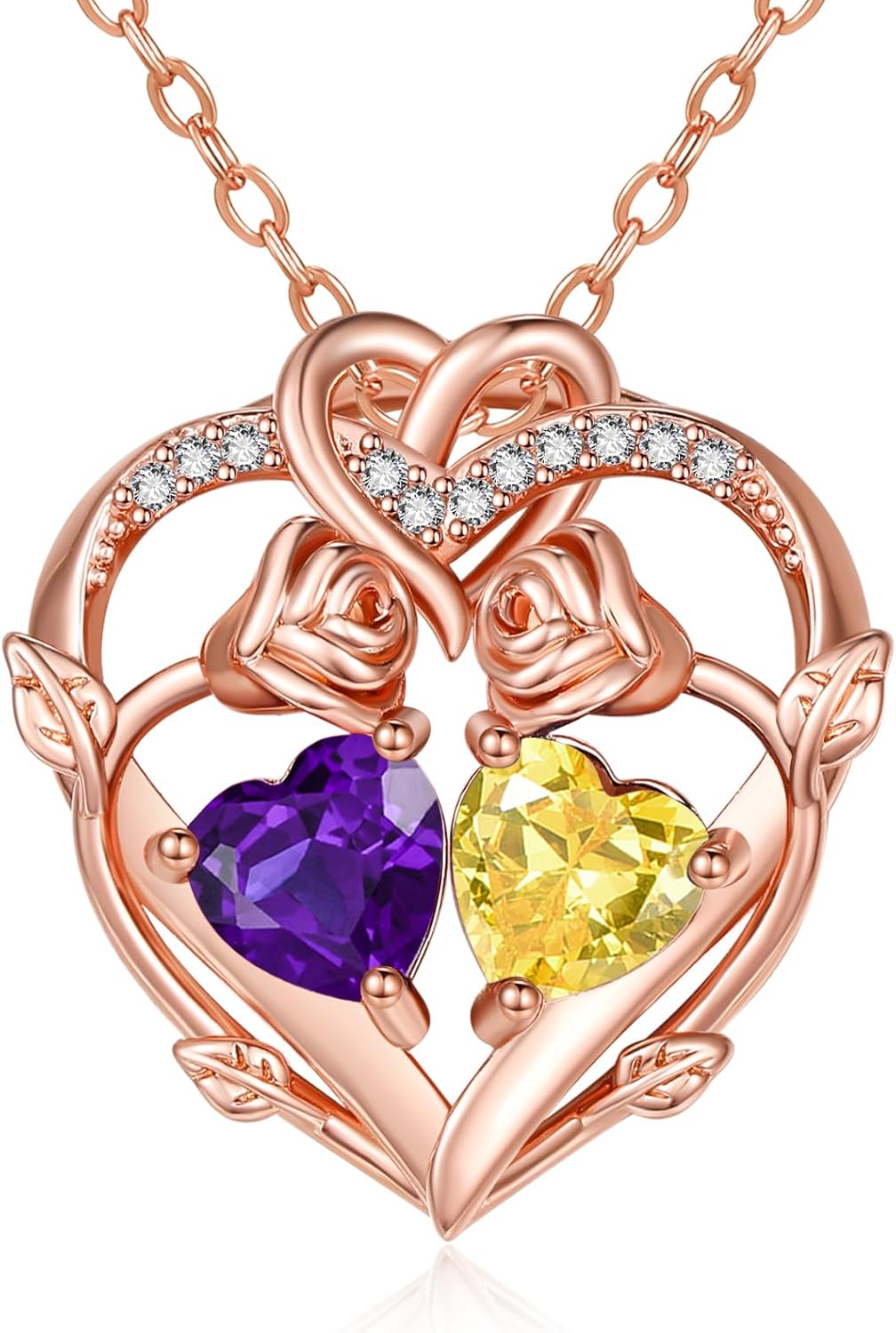 Rose Gold Necklaces for Women Double Birthstone Rose Flower Heart Pendant Necklace Jewelry Anniversary Christmas Valentine's Mother's Day Birthday Gift for Wife Mom Her Girlfriend Sister