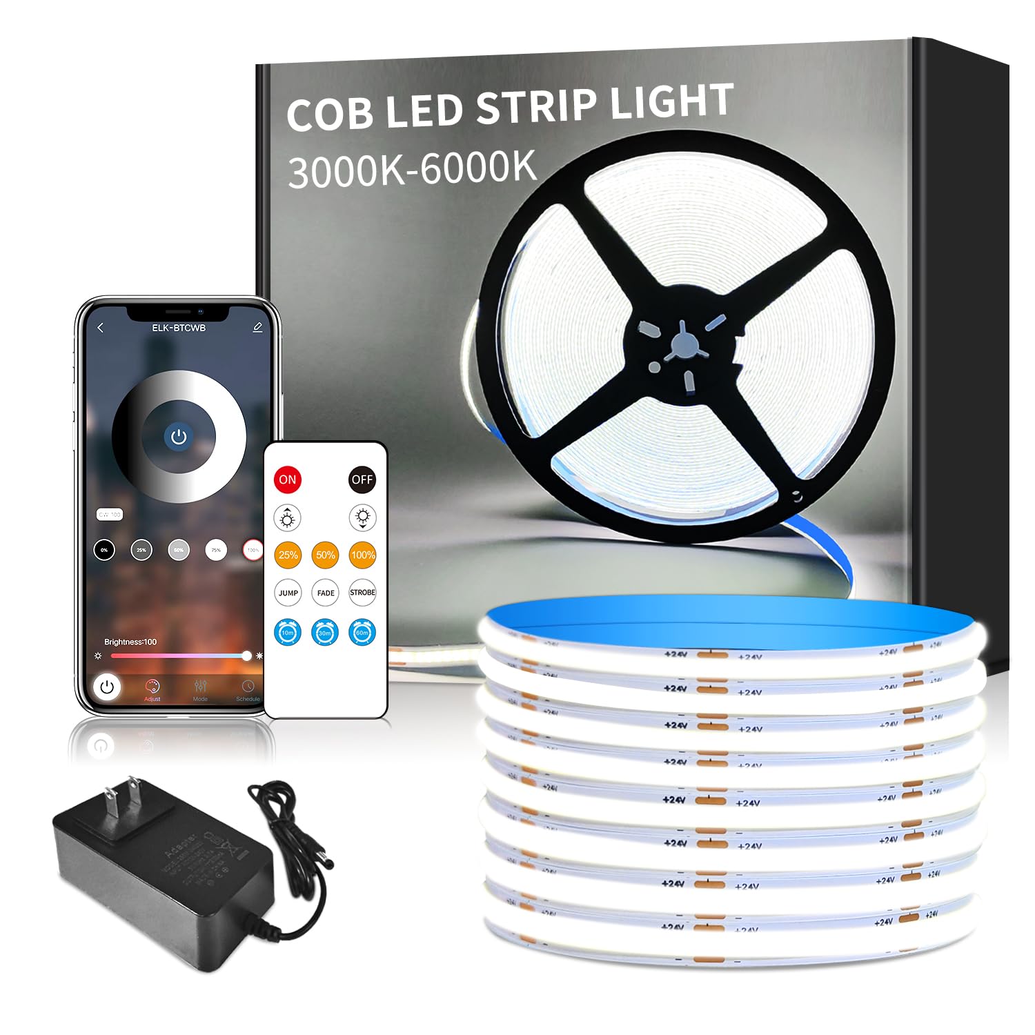 Yeewhale 18M COB LED Strip Lights DC 24V Dimmable 6000K Weiß Flexible LED Tape Light for Bedroom, with remote and app control LED Tape Lights for DIY Home Decoration rooms,cabinets,stairs