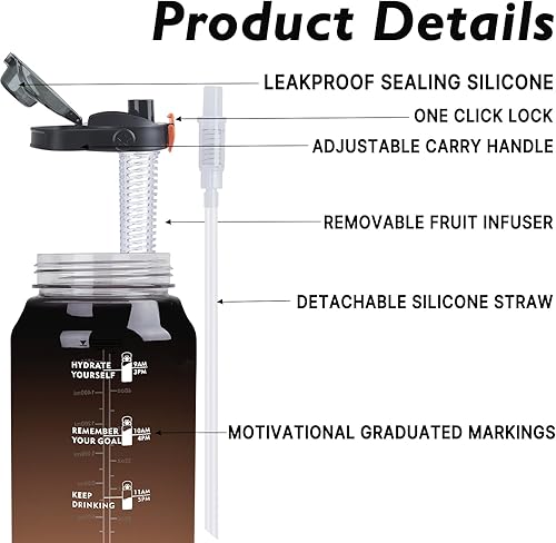 Miniatura 2 de Botella de agua deportiva de 64 onzas con infusor de frutas, botella de agua motivacional 2 en 1 con popote y marcador de tiempo, jarra de agua