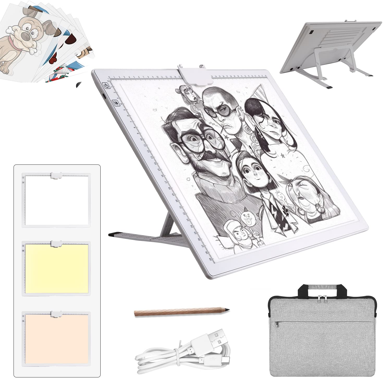 A3 LED Light Pad with Carry Bag, Wireless Battery LED Light Pad with Stand Rechargeable 6 Adjustable Brightness Tracing Light Box Pad for Drawing Sketching Animation Weeding Vinyl（White）