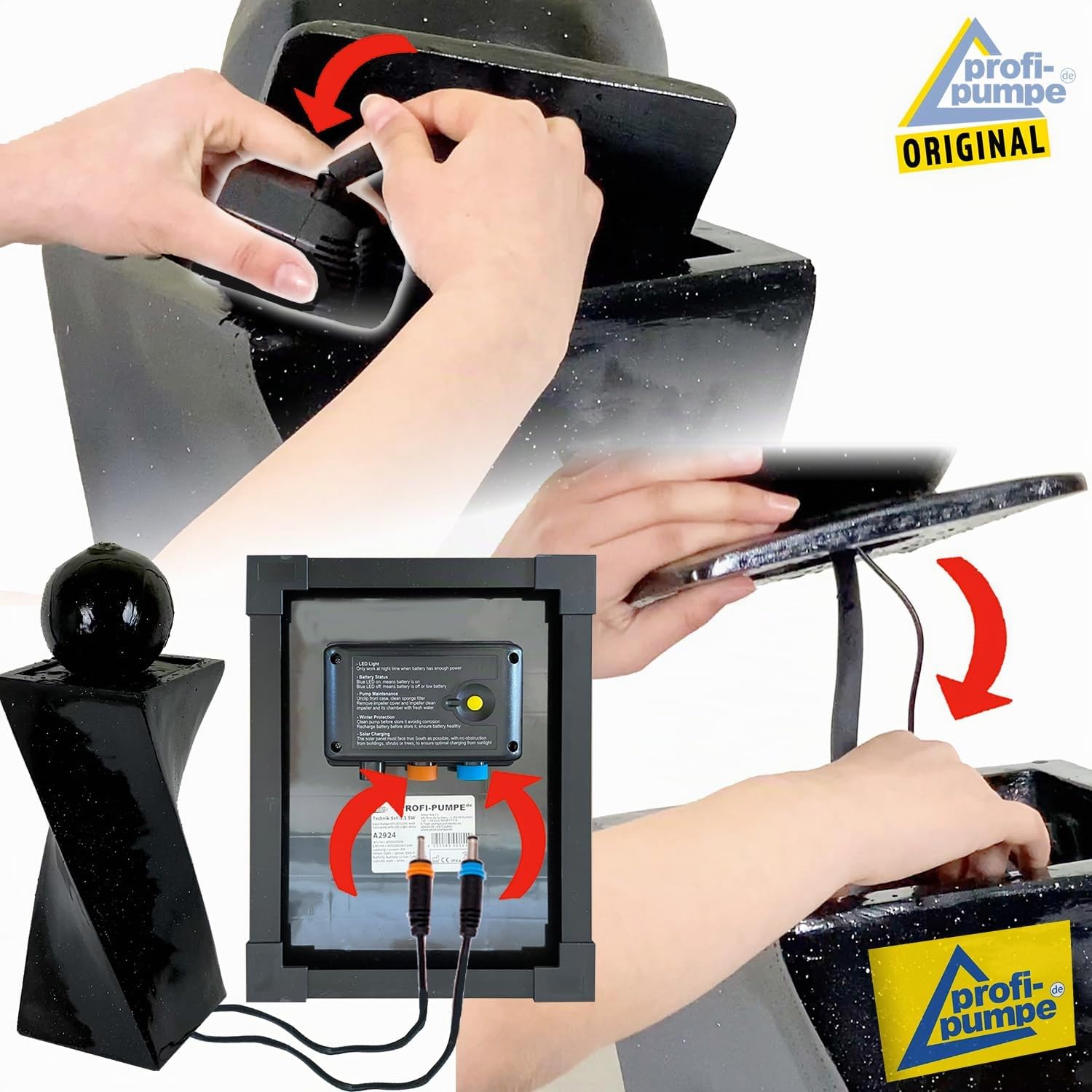 Fontaine Extérieure Solaire Autonome 5 W avec LED - Sphère Granit Noir sur Pied - 75 cm
