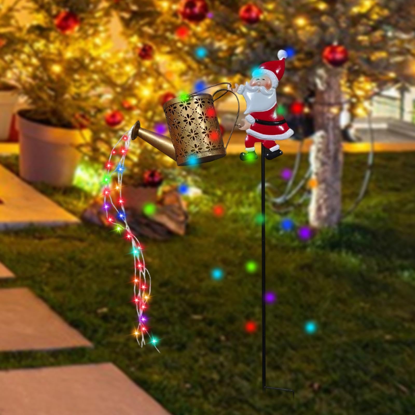 Solar Weihnachtsmann Gießkanne Solar-Weihnachtsdekoration – Weihnachtsmann-Gießkanne Mit Mehrfarbigen LEDs, Wasserdicht, Metall – Für Garten, Hof, Terrasse (Gelb)